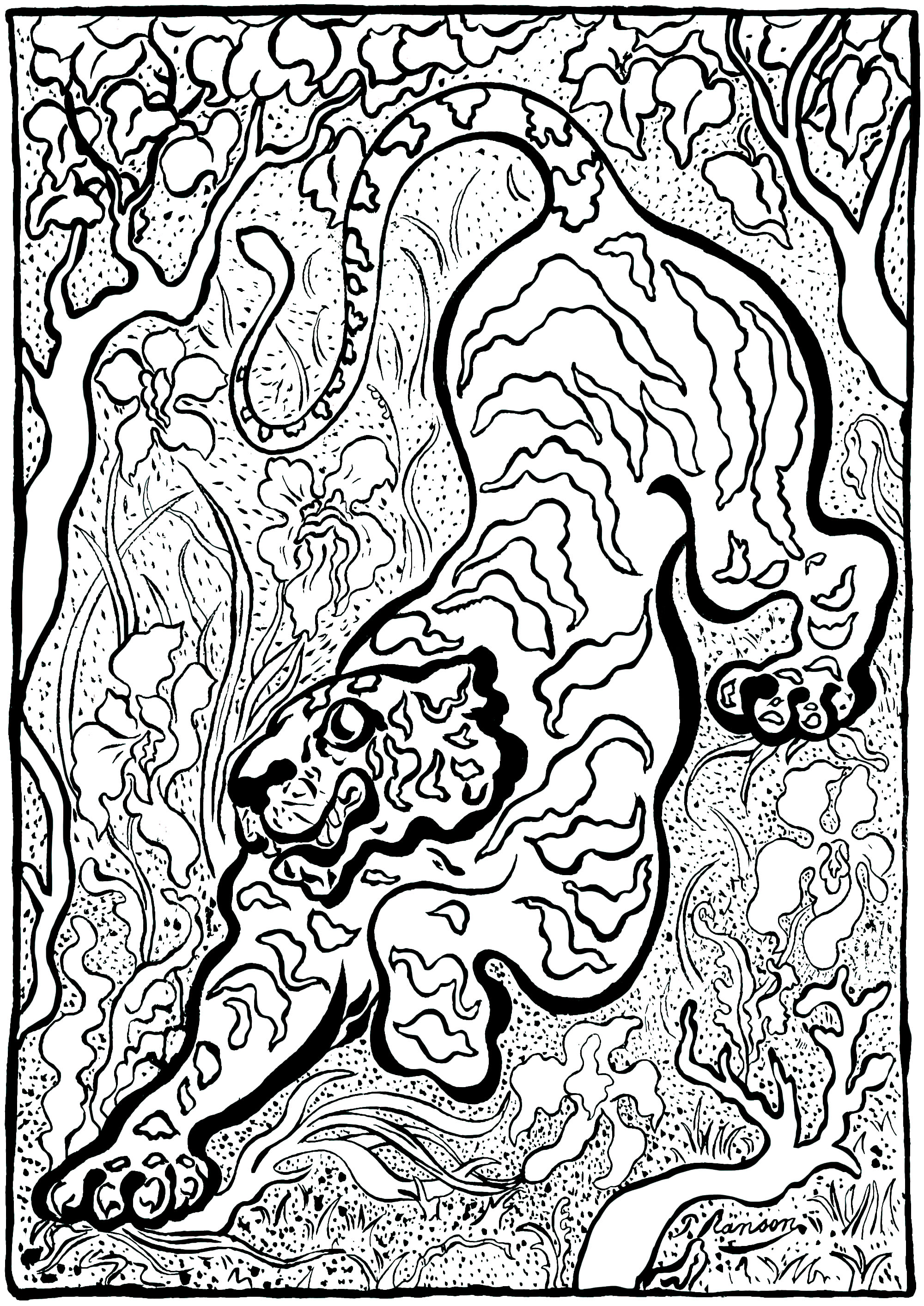 Pagina da colorare creata a partire dall'opera d'arte di Paul-Élie Ranson 'Tigre nella giungla' (1883) - Versione 1 (semplice). Paul-Élie Ranson, appartenente al gruppo 'Les Nabis', ha sviluppato uno stile originale con risonanze simboliste ed esoteriche.Inserito nella storia del post-impressionismo ma in rottura con l'impressionismo, il movimento nabi sostiene un ritorno all'immaginazione e alla soggettività. Pagina da colorare creata a partire dall'opera d'arte di Paul-Élie Ranson 'Tigre nella giungla' (1883) - Versione 1 (semplice). Paul-Élie Ranson, appartenente al gruppo 'Les Nabis', ha sviluppato uno stile originale con risonanze simboliste ed esoteriche.Inserito nella storia del post-impressionismo ma in rottura con l'impressionismo, il movimento nabi sostiene un ritorno all'immaginazione e alla soggettività.