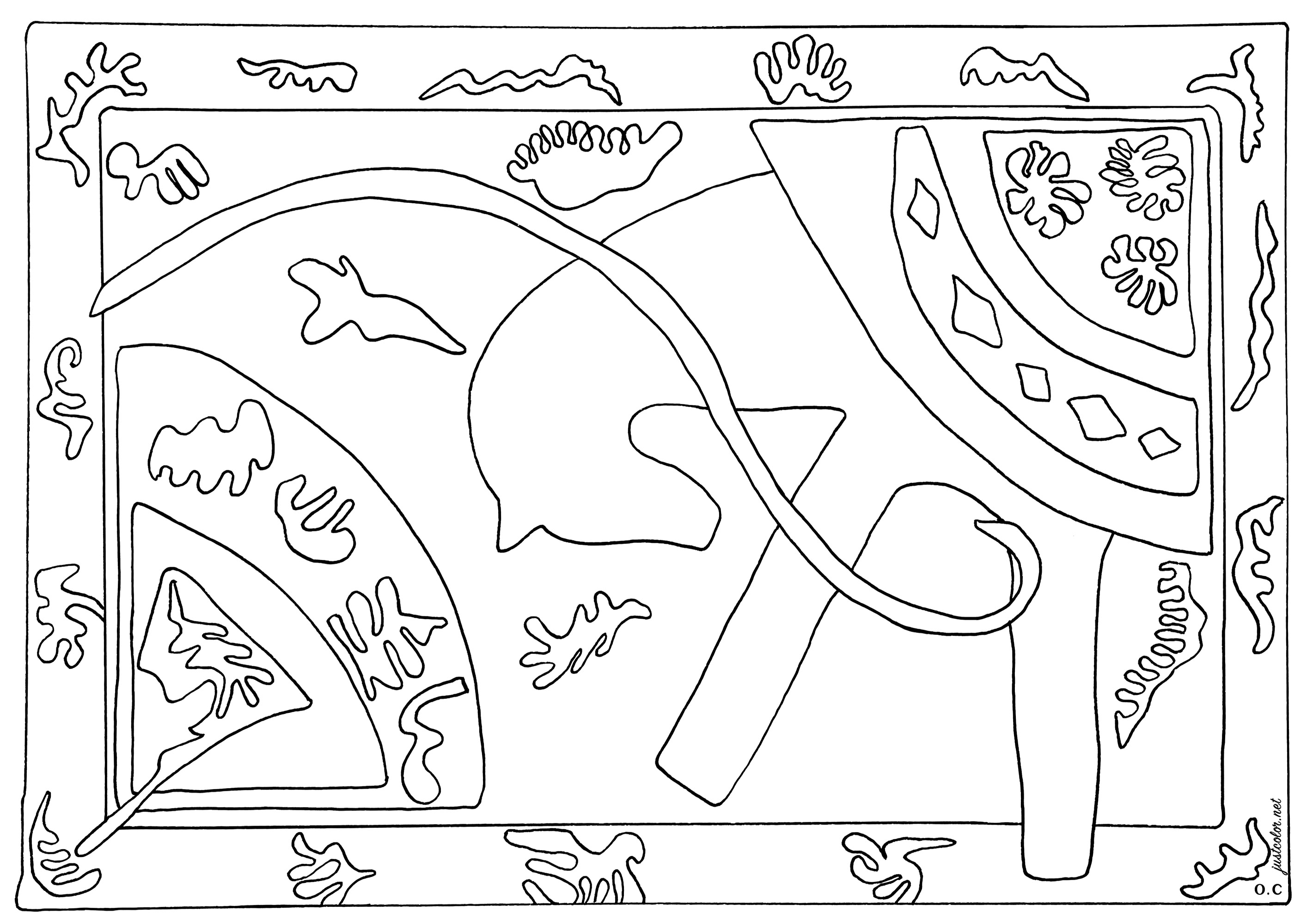 Pagina da colorare creata a partire dall'illustrazione di Henri Matisse 'Il cavallo, il cavaliere e il clown' per il suo libro di illustrazioni Jazz (1947). 'Di tutti i libri di Matisse, Jazz è senza dubbio il più importante; esso provoca una vera e propria rivoluzione nell'opera dell'artista e nella storia dell'arte contemporanea... La guerra aveva oscurato Parigi e le rare luci che filtravano dalle finestre apparivano come gioielli miracolosi. È questa l'impressione che Matisse ha voluto dare facendo esplodere queste stelle dai colori vivaci su uno sfondo nero' (Omaggio a Tériade). Matisse ha osservato che le illustrazioni: 'disegno con le forbici. Il taglio grezzo del colore mi ricorda l'intaglio diretto degli scultori'. Pagina da colorare creata a partire dall'illustrazione di Henri Matisse 'Il cavallo, il cavaliere e il clown' per il suo libro di illustrazioni Jazz (1947). 'Di tutti i libri di Matisse, Jazz è senza dubbio il più importante; esso provoca una vera e propria rivoluzione nell'opera dell'artista e nella storia dell'arte contemporanea... La guerra aveva oscurato Parigi e le rare luci che filtravano dalle finestre apparivano come gioielli miracolosi. È questa l'impressione che Matisse ha voluto dare facendo esplodere queste stelle dai colori vivaci su uno sfondo nero' (Omaggio a Tériade). Matisse ha osservato che le illustrazioni: 'disegno con le forbici. Il taglio grezzo del colore mi ricorda l'intaglio diretto degli scultori'.