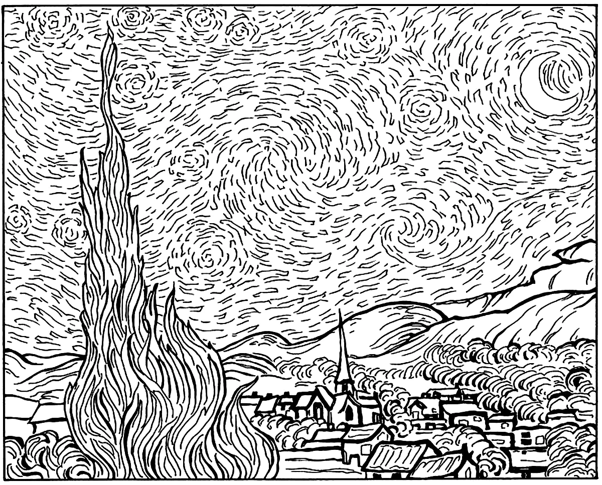 Vincent Van Gogh - La notte stellata (1889) (versione complessa) (Pagina Opera d arte da Colorare per adultos)