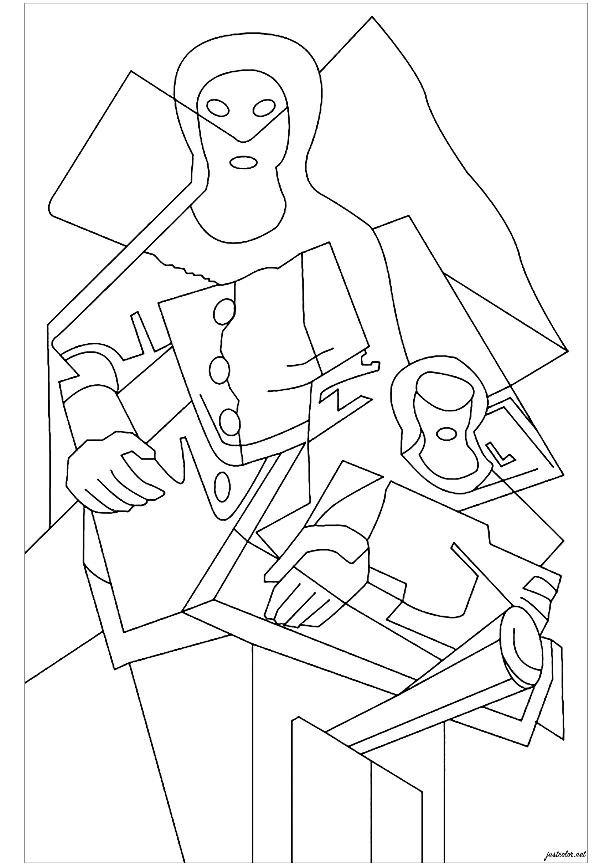 Colorazione basata su 'Pierrot' di Juan Gris (1921). Juan Gris (1887-1927) è stato uno dei pionieri del movimento cubista. Dal 1902 al 1904 studia disegno meccanico alla Escuela de Artes y Manufacturas di Madrid, durante la quale realizza disegni per periodici locali. Nel 1904 inizia a studiare pittura con l'artista Jose Maria Carbonero. Trasferitosi a Parigi nel 1906, stringe amicizia con Pablo Picasso e Georges Braque. Colorazione basata su 'Pierrot' di Juan Gris (1921). Juan Gris (1887-1927) è stato uno dei pionieri del movimento cubista. Dal 1902 al 1904 studia disegno meccanico alla Escuela de Artes y Manufacturas di Madrid, durante la quale realizza disegni per periodici locali. Nel 1904 inizia a studiare pittura con l'artista Jose Maria Carbonero. Trasferitosi a Parigi nel 1906, stringe amicizia con Pablo Picasso e Georges Braque.