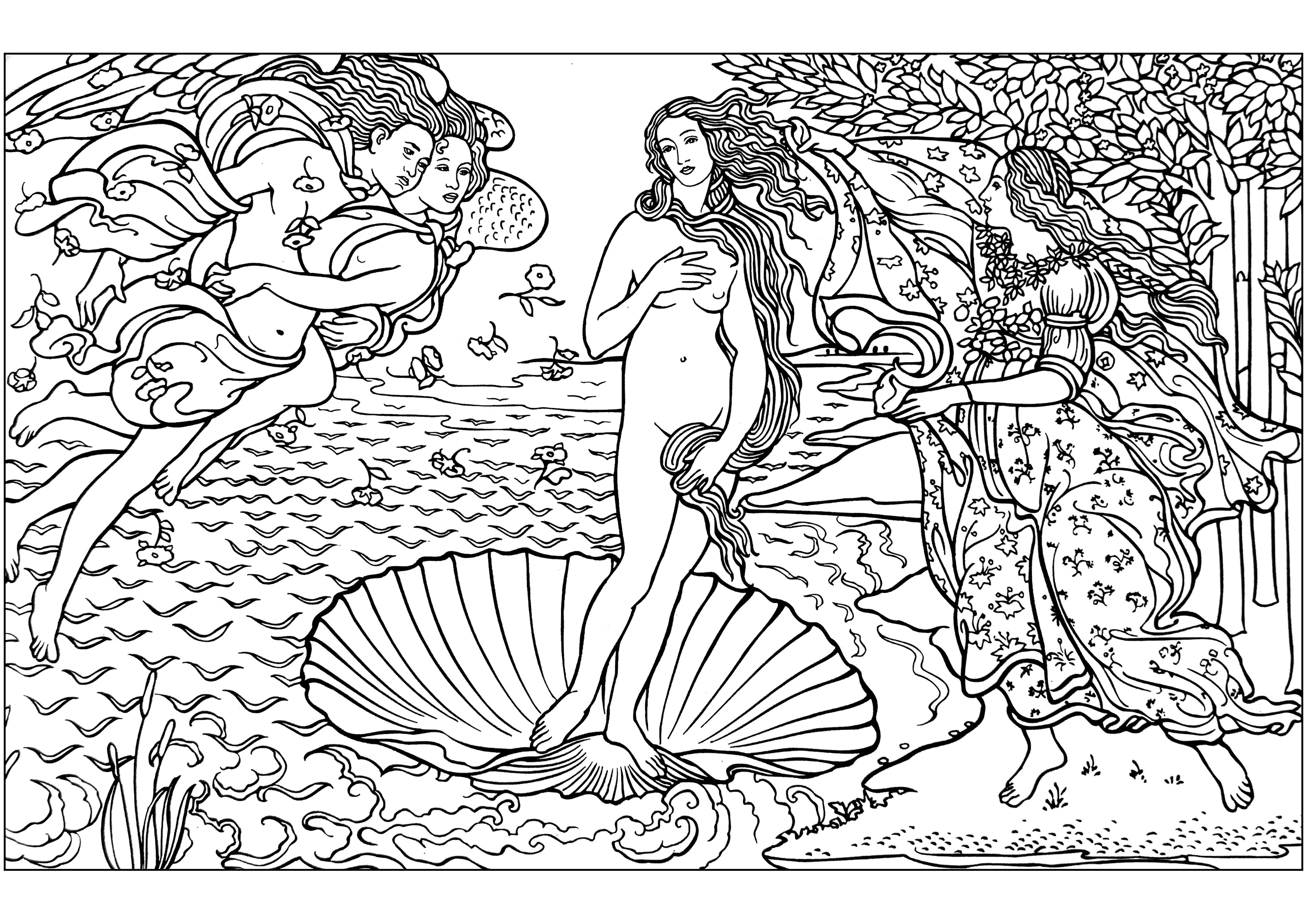 Sandro Botticelli - La nascita di Venere (1486) - versione integrale (Pagina Opera d arte da Colorare per adultos)