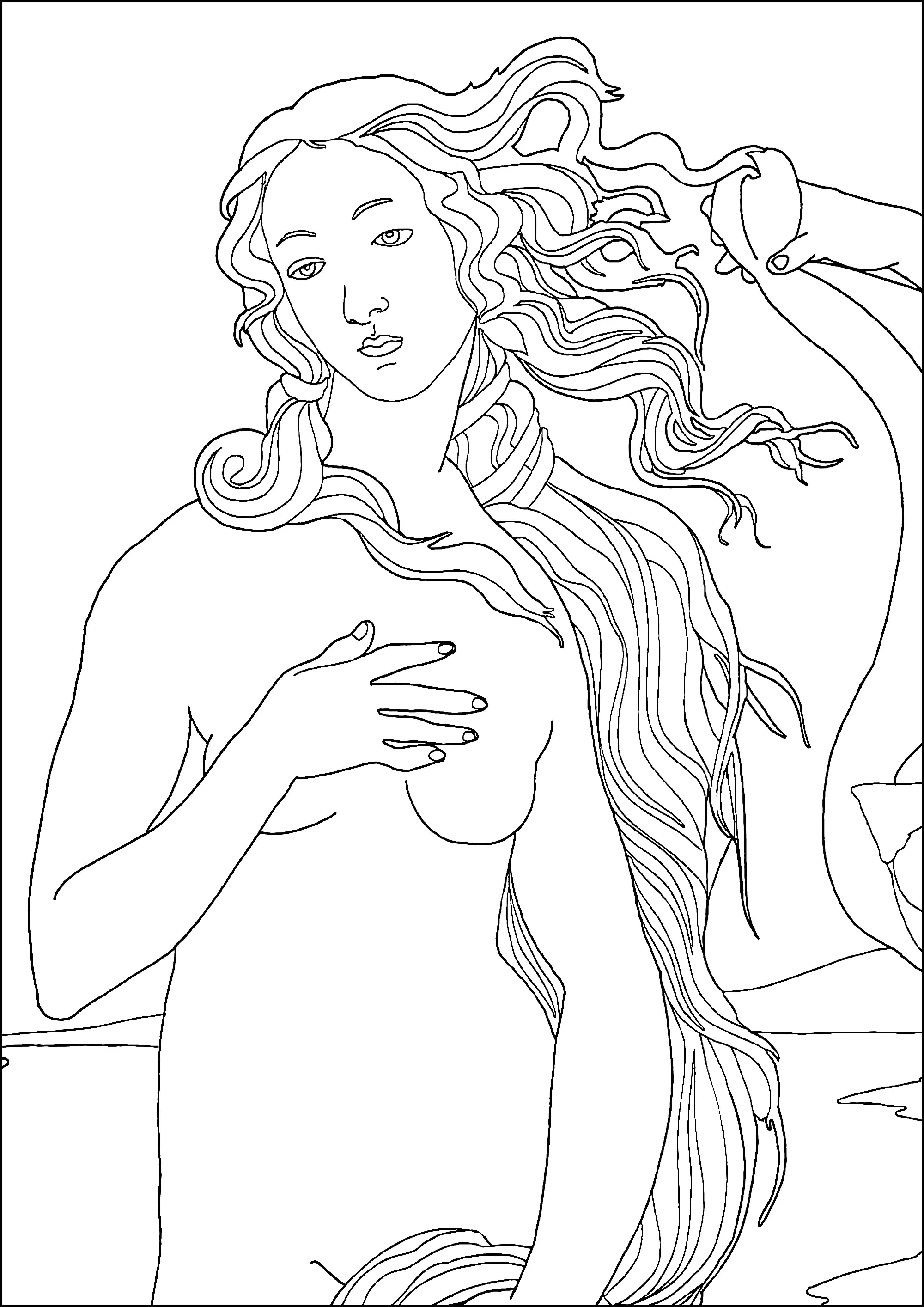 Sandro Botticelli - La nascita di Venere (1486) - versione a linee sottili (Pagina Opera d arte da Colorare per adultos)