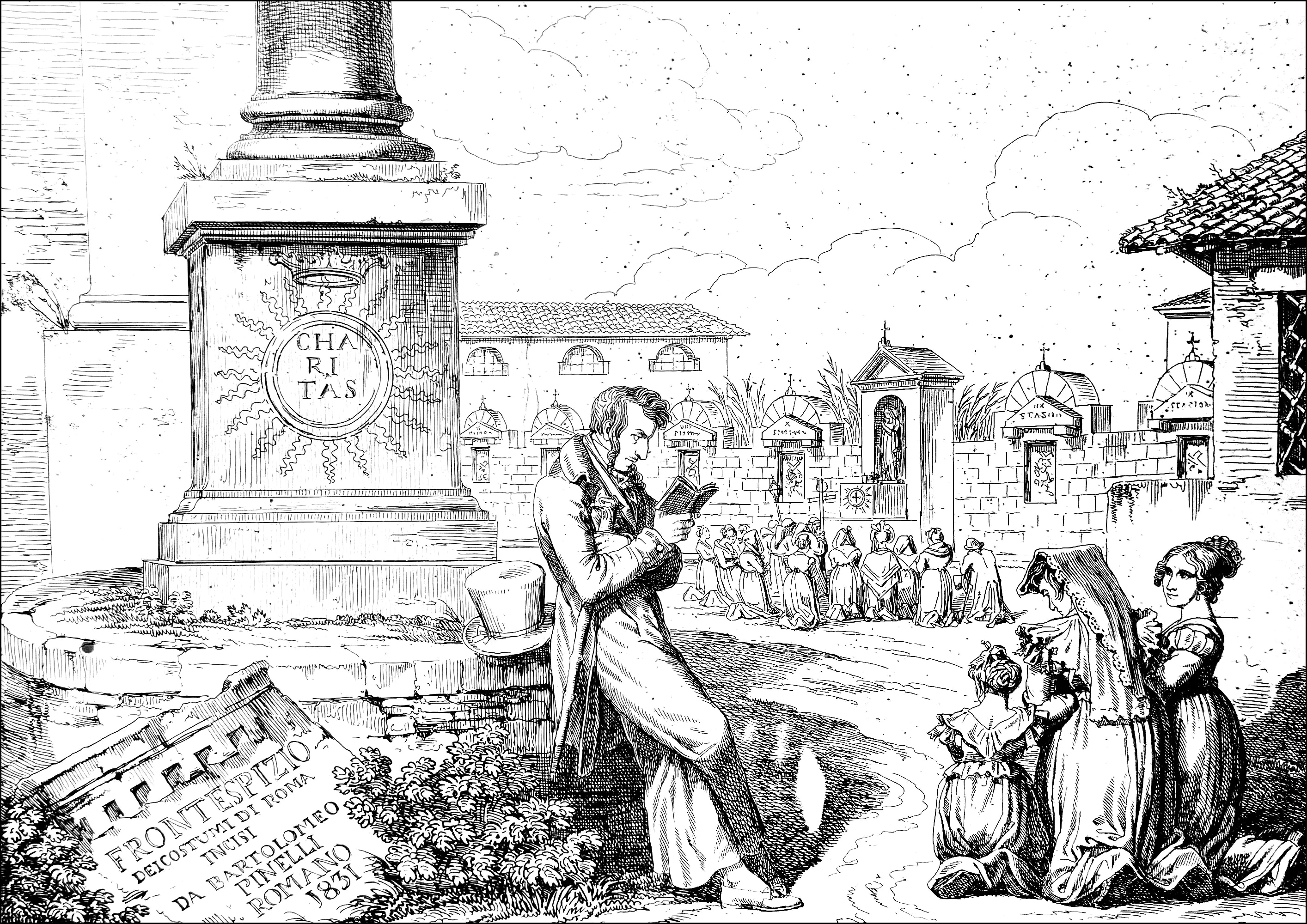 Pinelli Bartolomeo - Frontispiece de' costumi di roma incisi da bartolomeo pinelli romano (1831) (Pagina Opera d arte da Colorare per adultos)