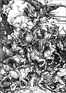 I Quattro Cavalieri dell'Apocalisse, di Albrecht Dürer (Pagina Opera d arte da Colorare)
