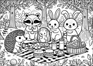 Divertente picnic con gli animali della foresta (Pagina Ritorno all infanzia da Colorare)