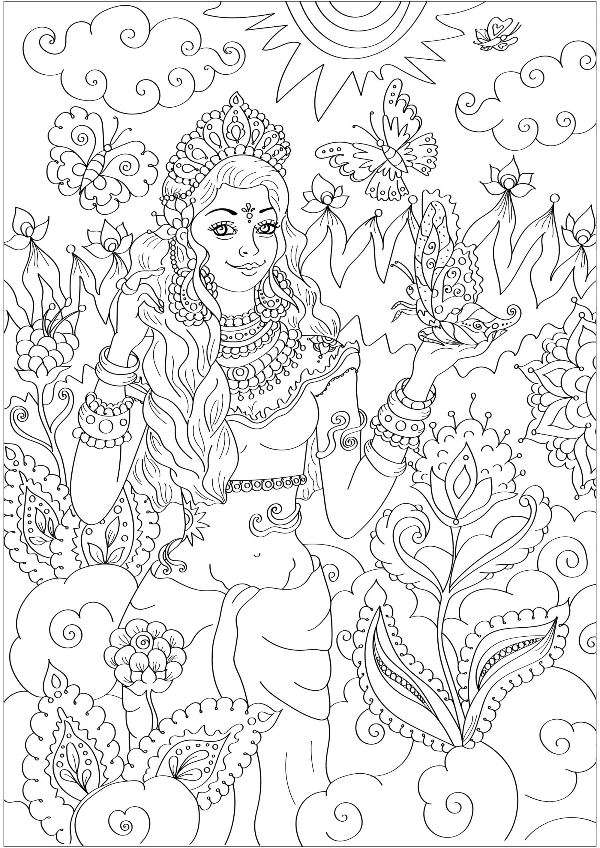 Dea indiana con farfalle e strani fiori e foglie, Fonte : 123rf   Artista : Katyasuresh