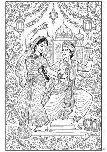 Danza tradizionale indiana di fronte al palazzo (Pagina India e bollywood da Colorare)