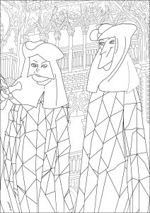 Persone in costume e in maschera al Carnevale di Venezia (Pagina da Colorare)
