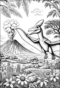 Pteranodon sopra un paesaggio vulcanico fiorito (Pagina Dinosauri da Colorare)