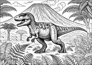 Tyrannosaurus Rex e il vulcano: Quando il gigante della preistoria incontra la furia della Terra (Pagina Dinosauri da Colorare)
