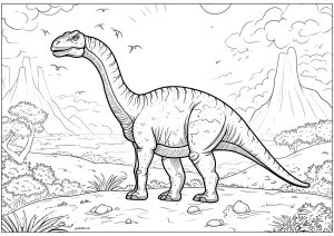 Diplodocus con montagne e vulcani sullo sfondo (Pagina Dinosauri da Colorare)