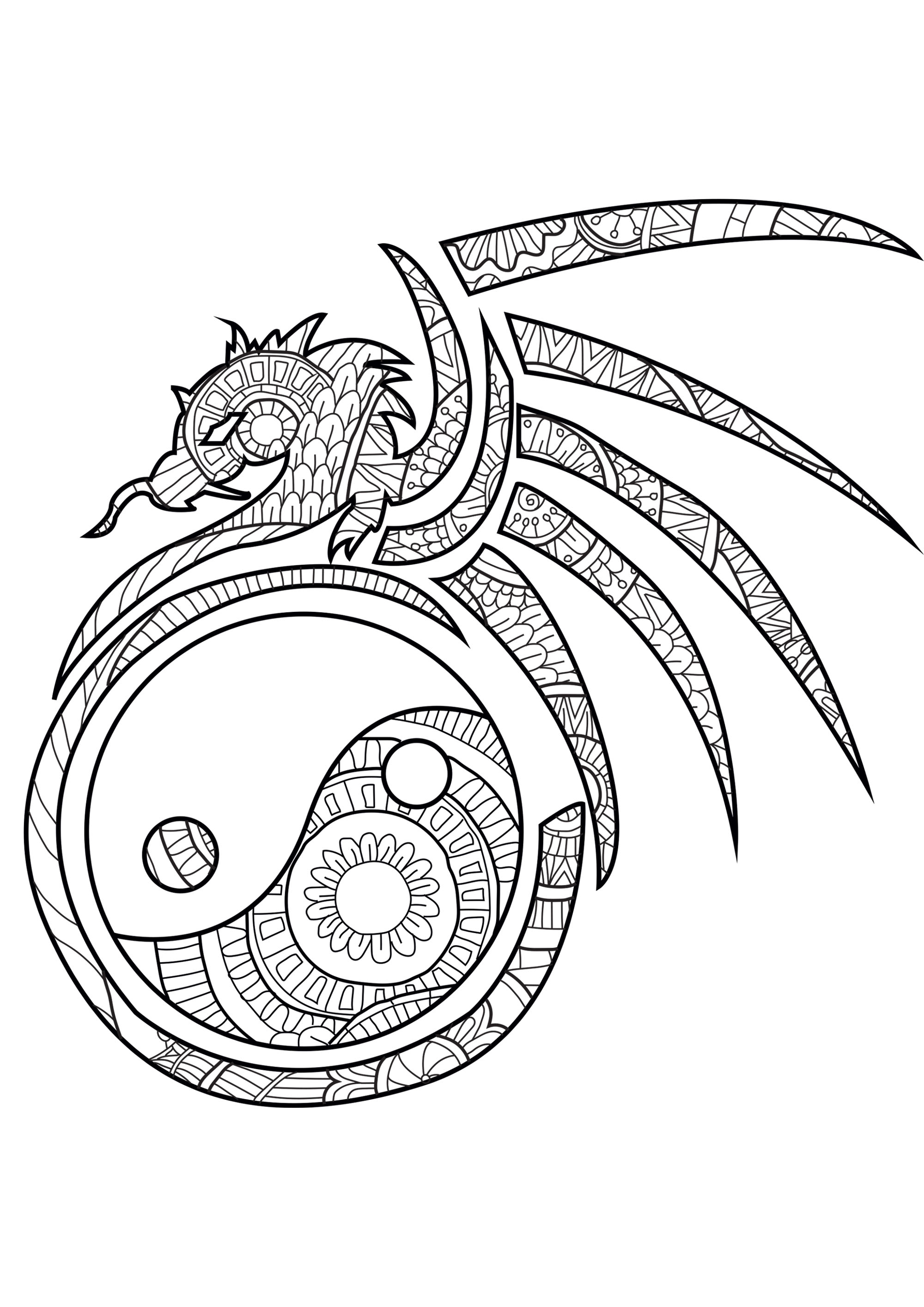 L'equilibrio tra Yin e Yang in un disegno con un drago pieno di motivi armoniosi, Artista : Caillou