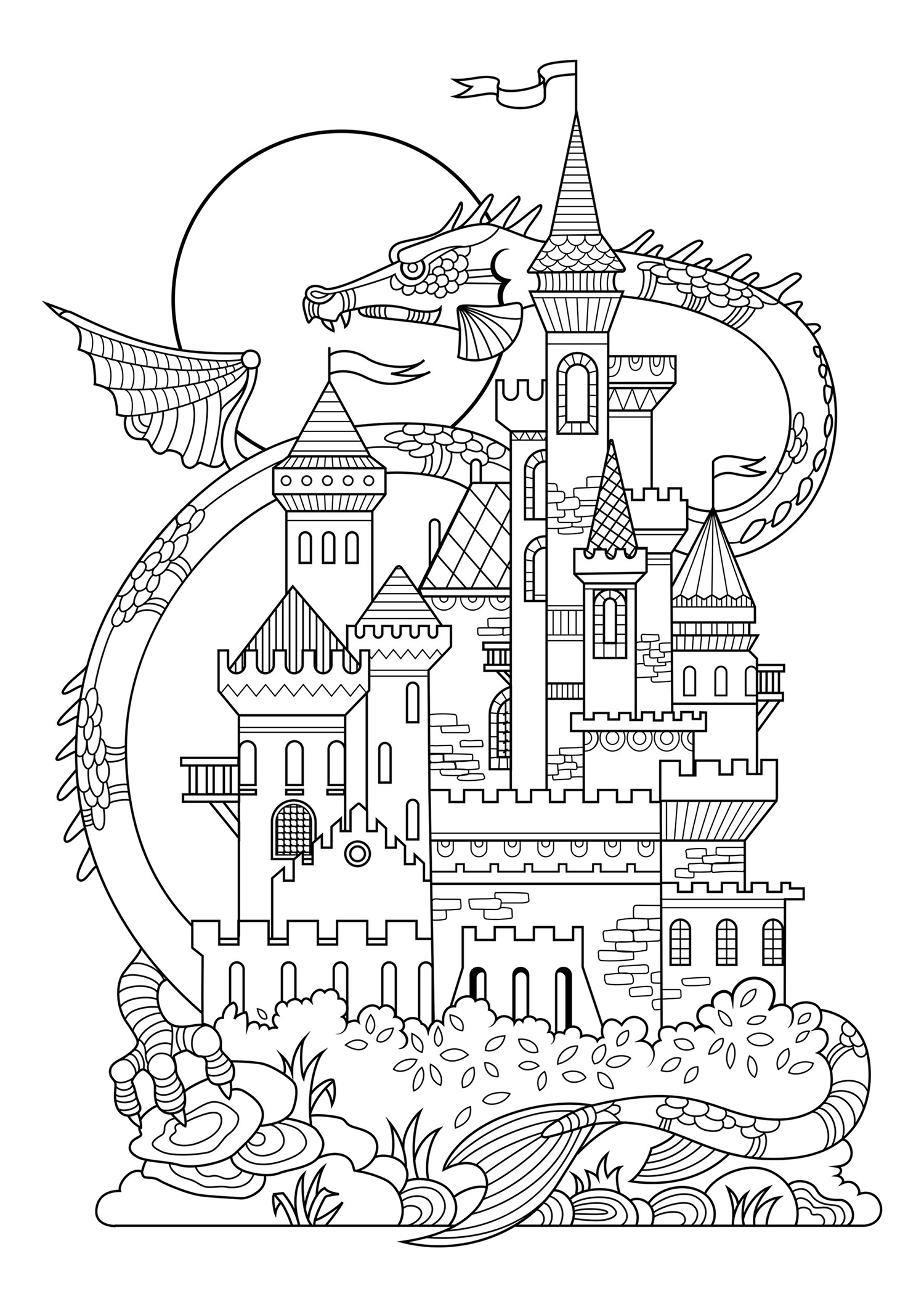 Un bel castello da fiaba, con un drago gigante sullo sfondo!