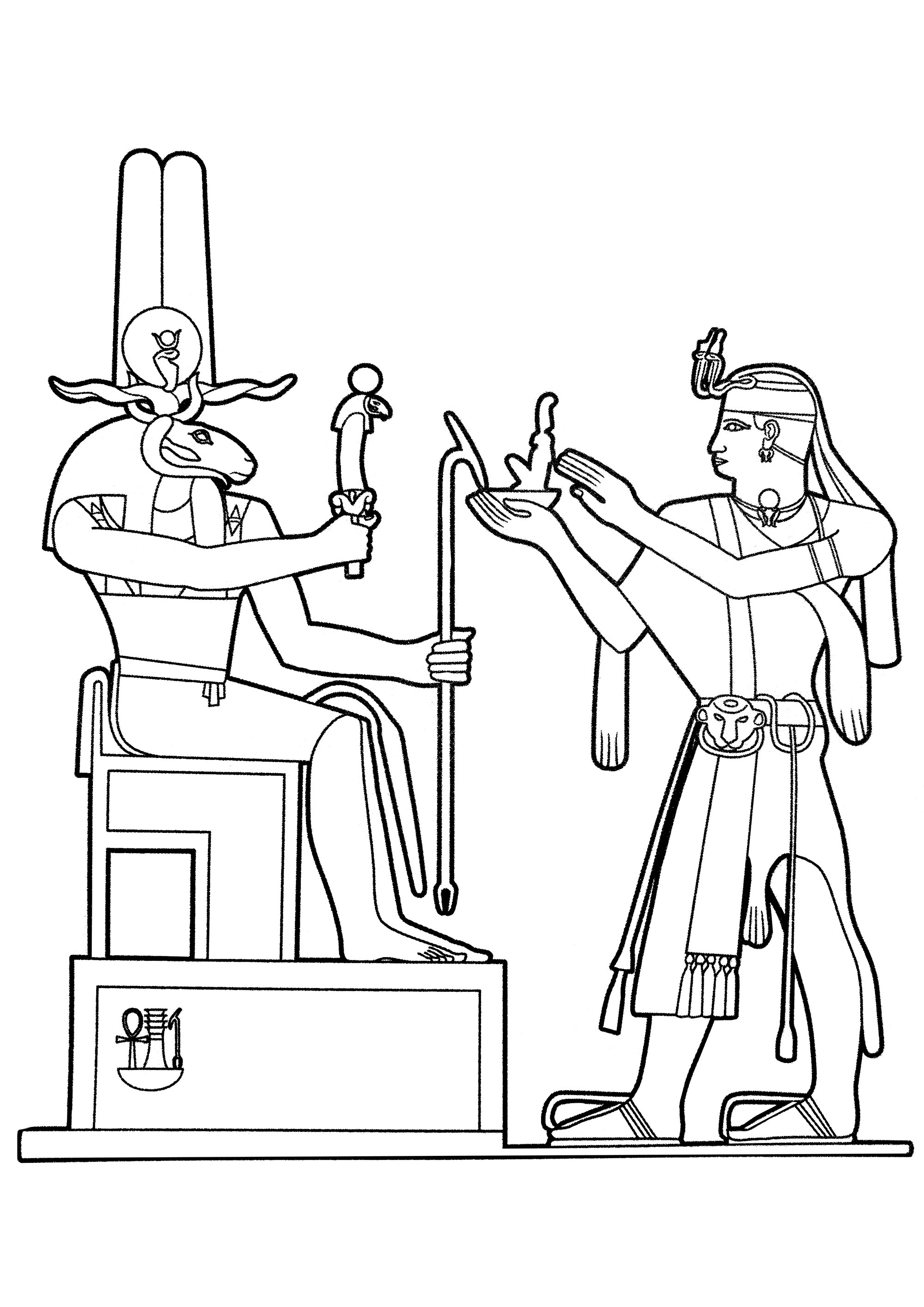 Il dio egiziano Khnum riceve un'offerta. Khnum è un dio con le corna dritte e la testa d'ariete che viene spesso raffigurato mentre crea esseri umani sul suo tornio, Khnum è emerso da due caverne del mondo sotterraneo nell'oceano di Nun.