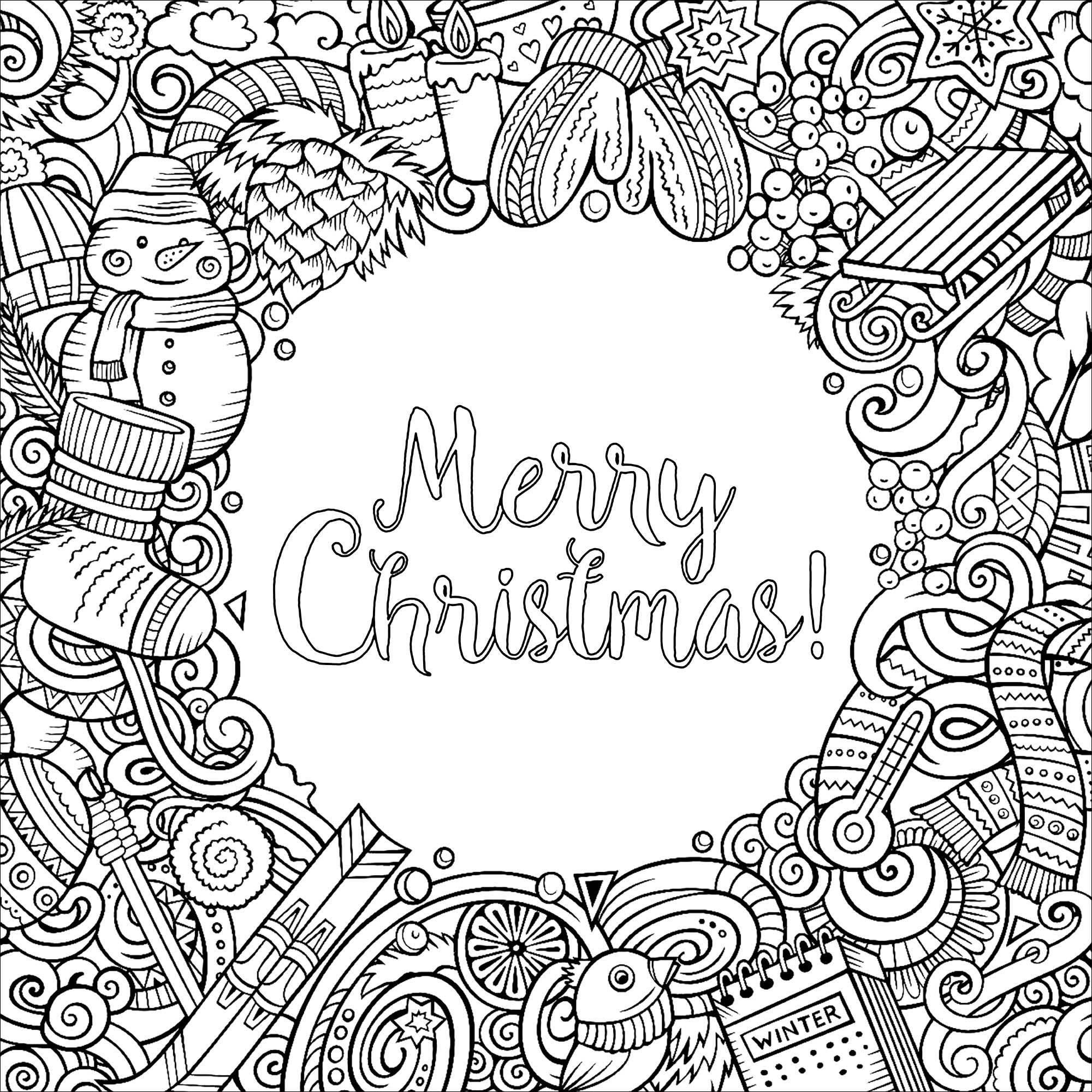 Scarabocchi vettoriali di cartoni animati invernali - disegno della cornice quadrata, con il testo 'Buon Natale' al centro.