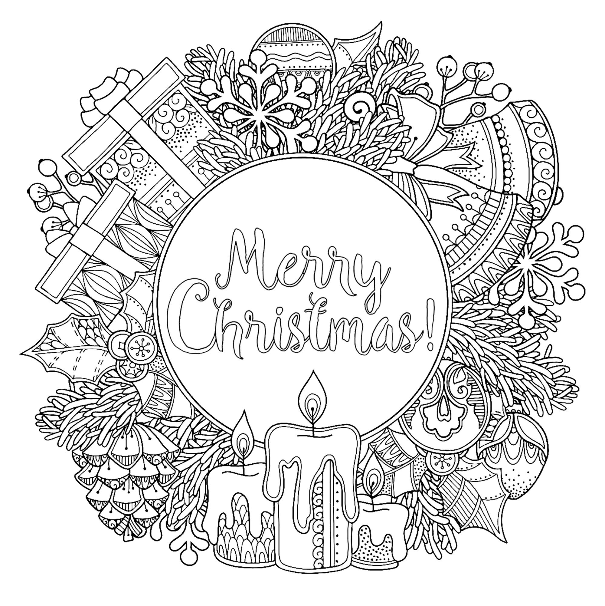 Cornice rotonda natalizia in stile doodle, con il testo 'Merry Christmas' al centro. Candele, regali, mele di pino, campane... Vari simboli natalizi famosi sono qui, Fonte : 123rf   Artista : Olga Kostenko