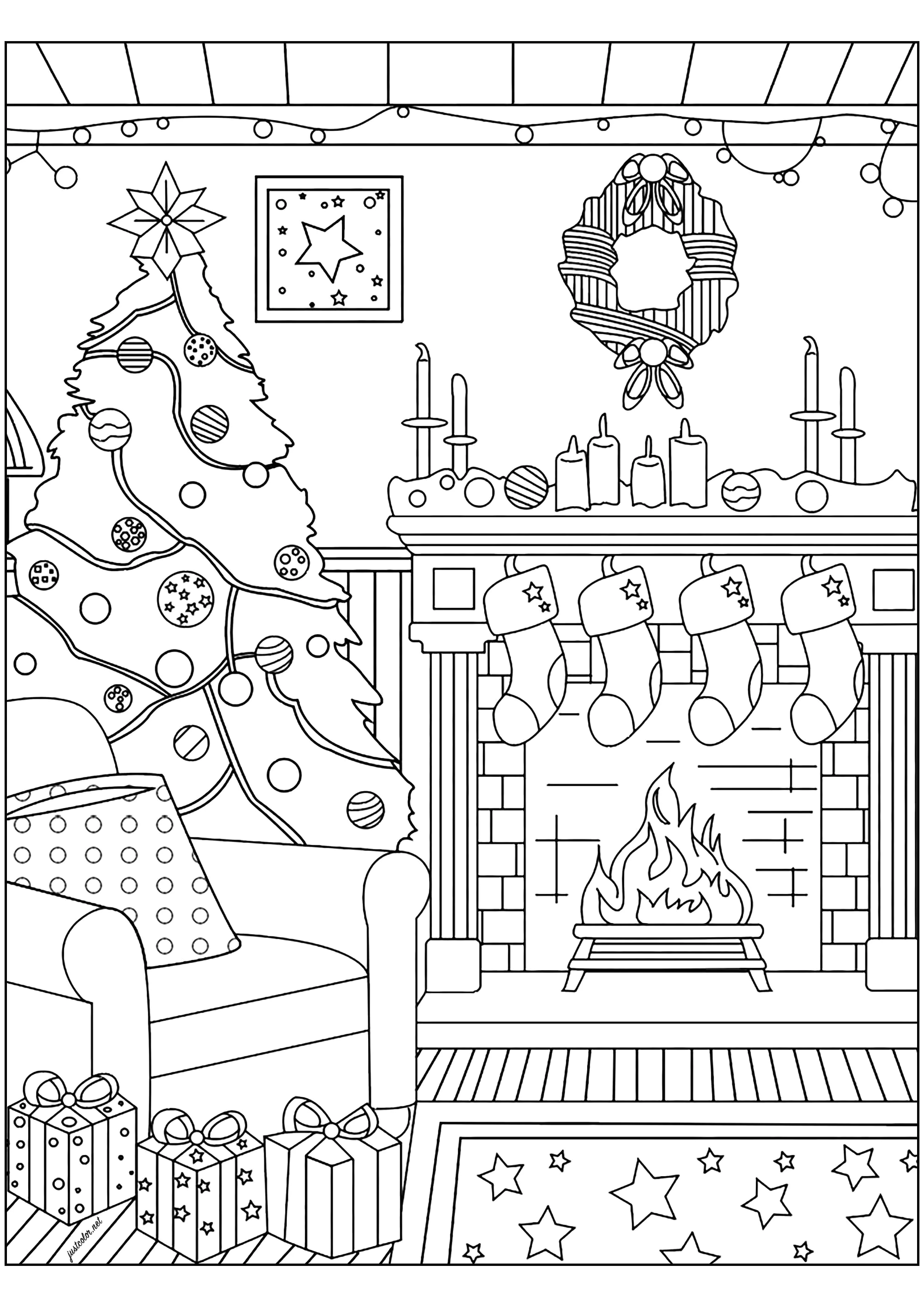 Natale davanti al camino (Pagina da Colorare per adultos)