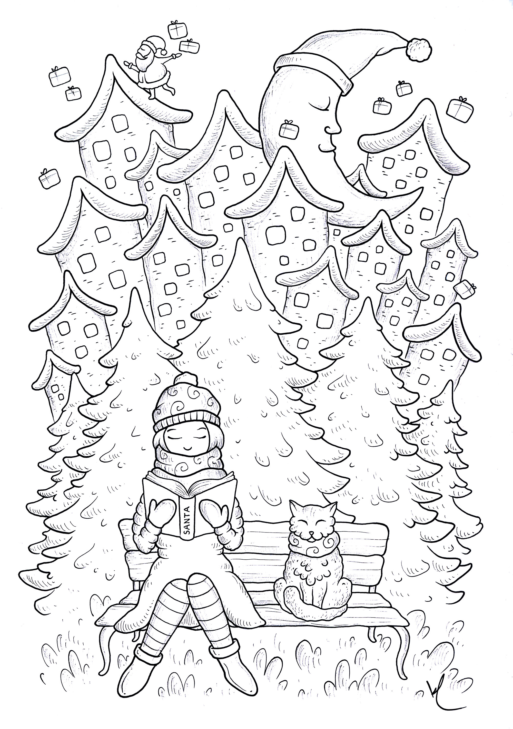 Giovane donna che legge, seduta su una panchina con il suo gatto. Sullo sfondo: graziosi alberi di Natale, edifici e una bella luna con un cappello natalizio.