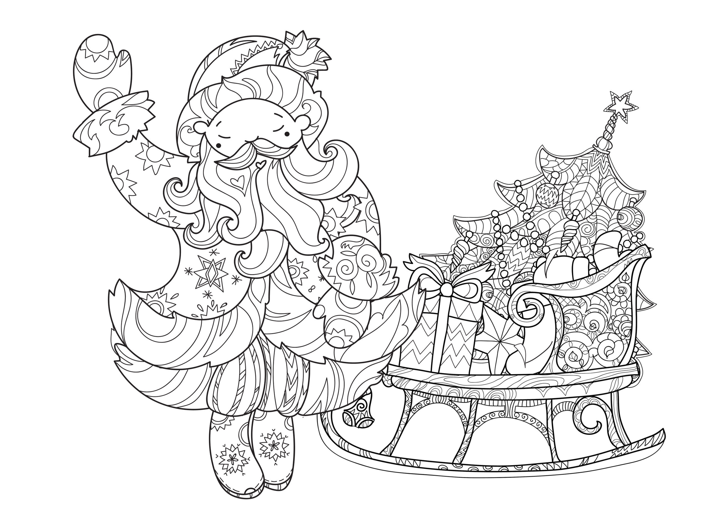 Babbo Natale e la sua slitta con albero di Natale e regali. Tanti disegni diversi da colorare.