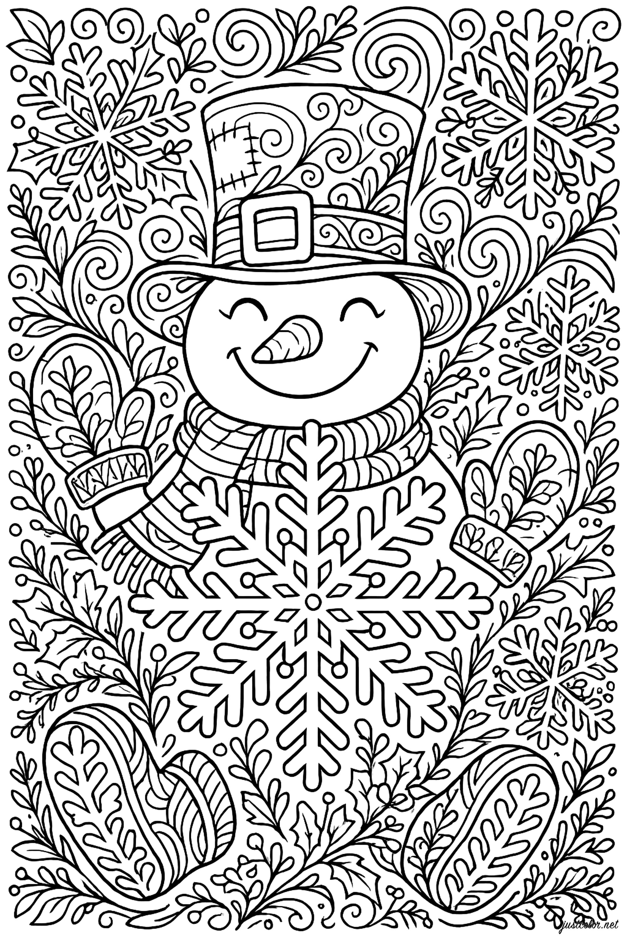 Pupazzo di neve con fiocchi di neve (Pagina Natale da Colorare per adultos)