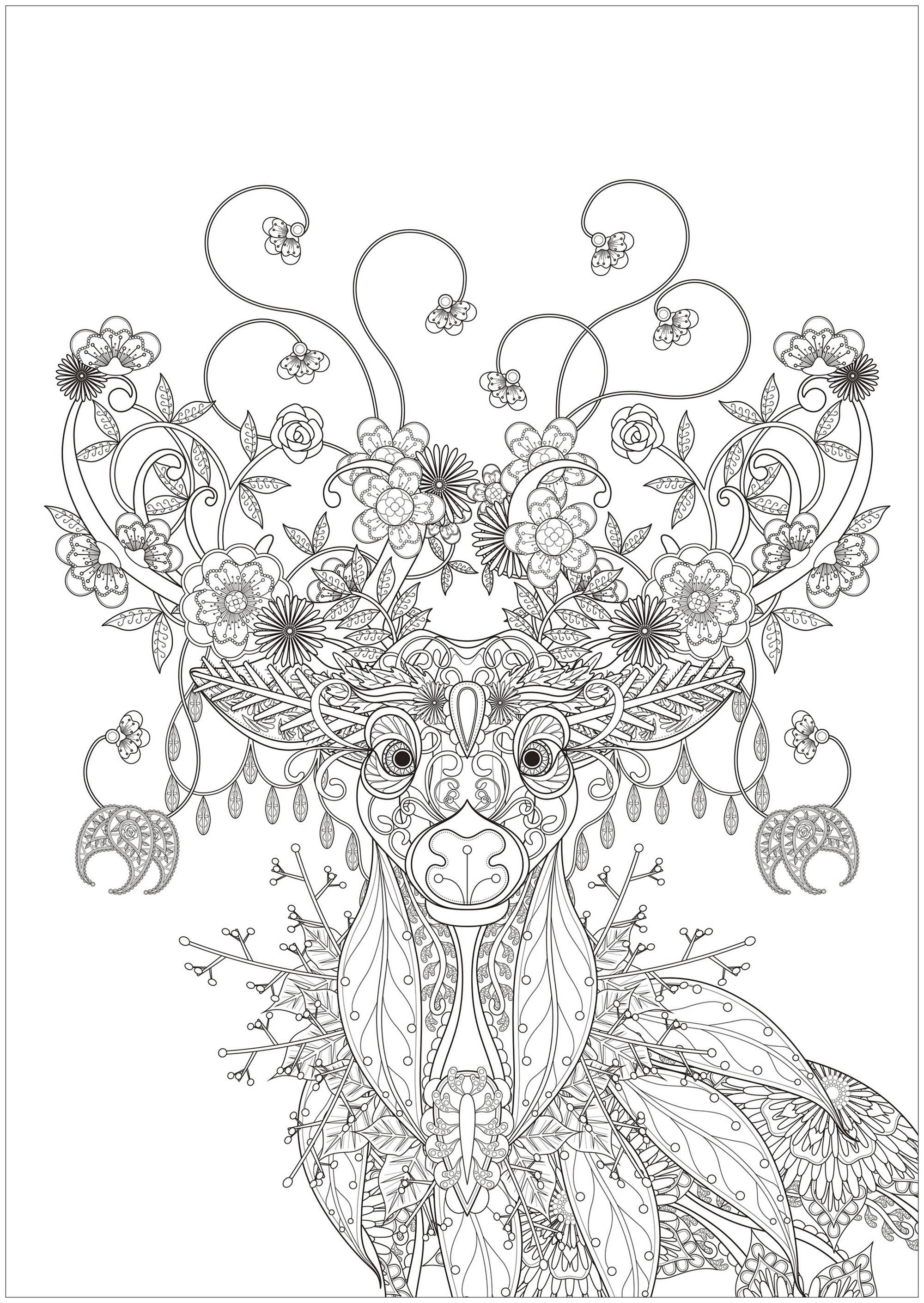 Magnifico Cervo disegnato con elementi ispirati alla natura: fiori, foglie, rami di alberi .., Fonte : 123rf   Artista : Kchung