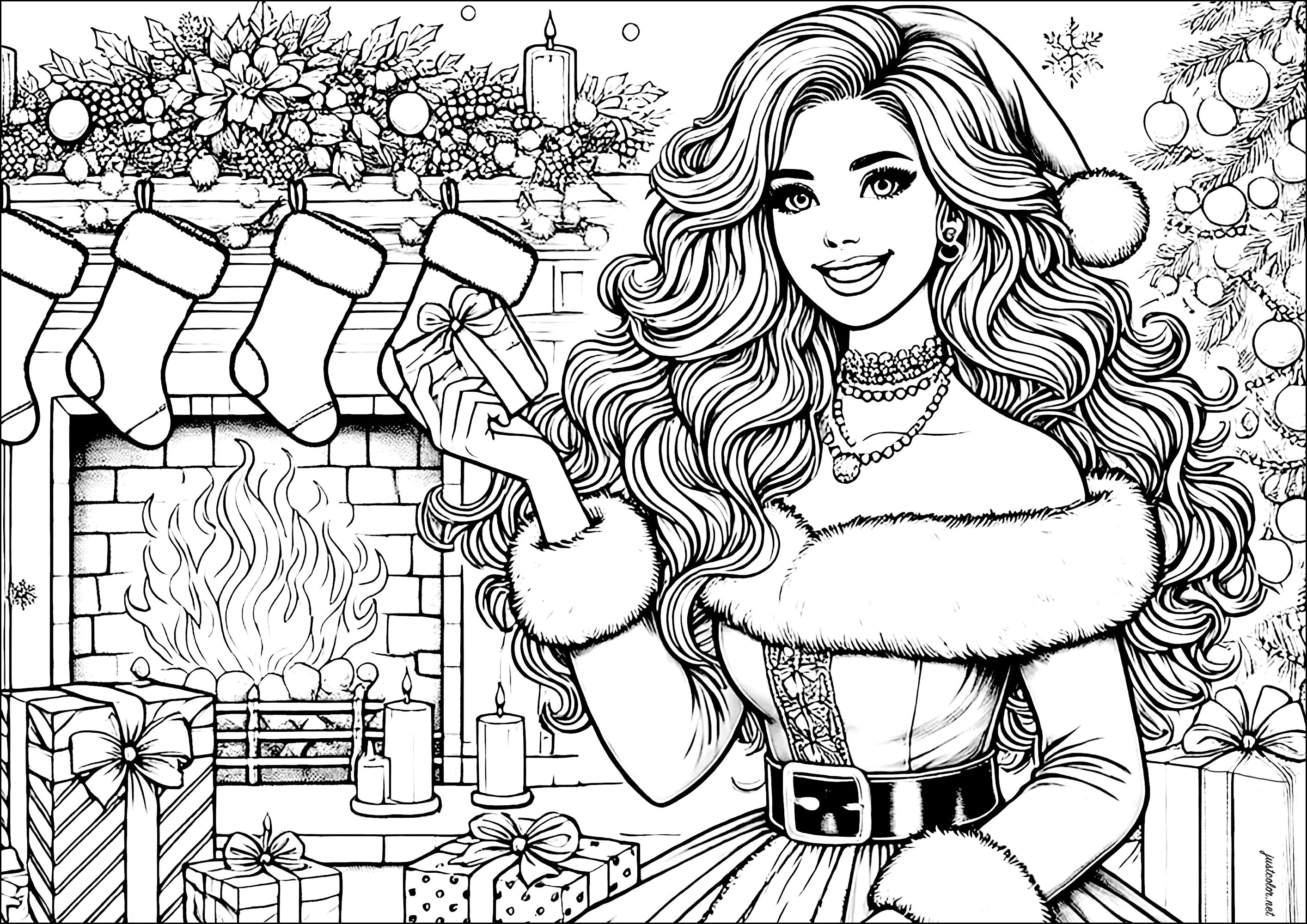 Donna vestita da signora Claus, con regali (Pagina Natale da Colorare per adultos)