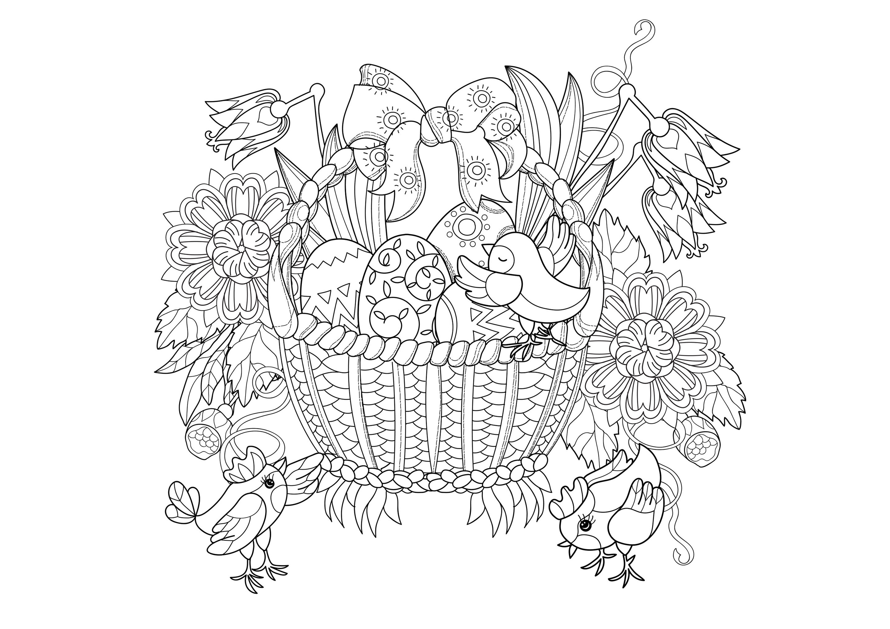 Pagina carina da colorare (ma cpmplessa) di un cestino di vimini con uova di Pasqua e uccellini