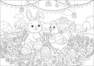 Coniglio e gallina circondati da uova di Pasqua (Pagina da Colorare)