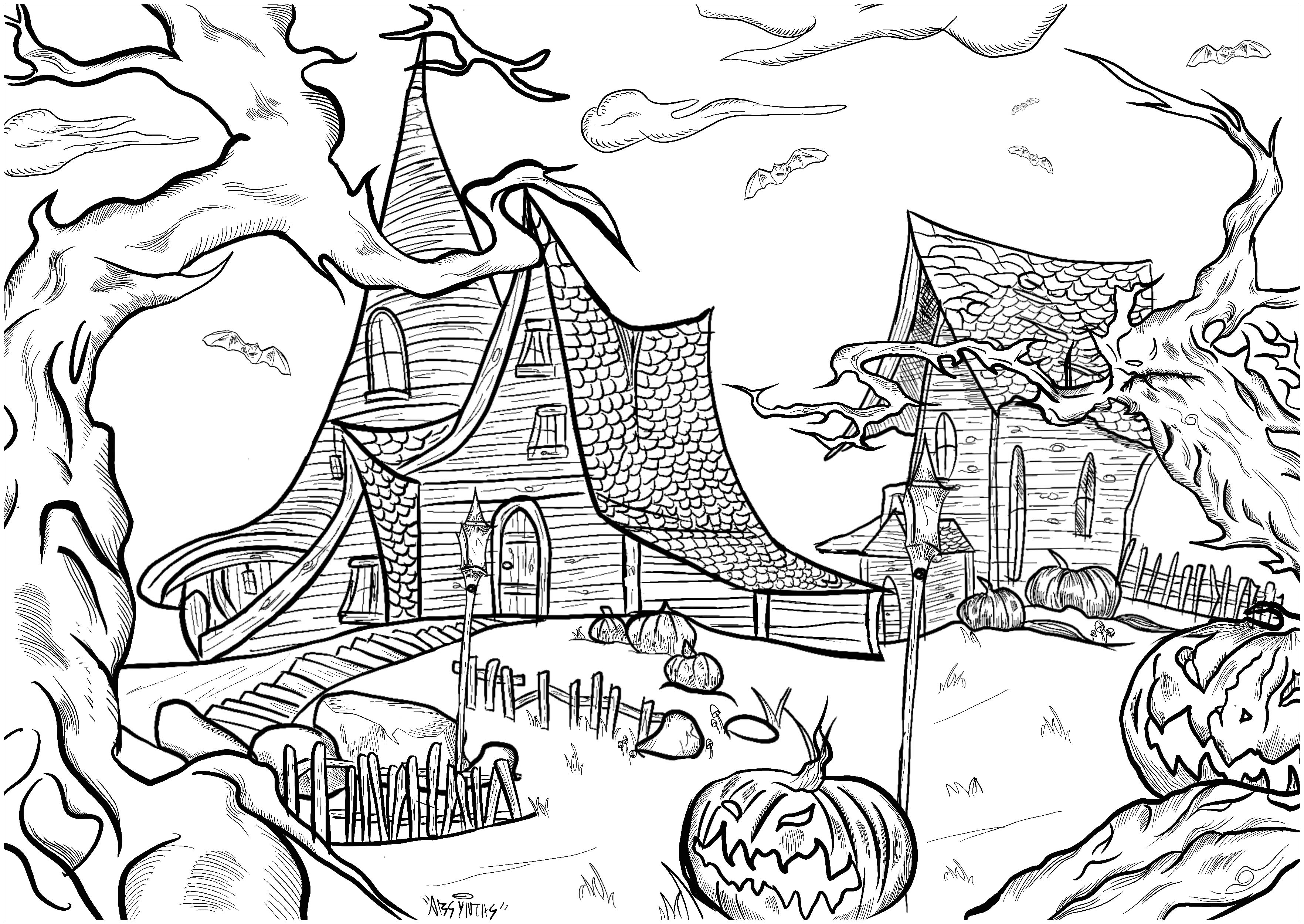 Due case infestate in un paesaggio da incubo!. Alberi minacciosi, zucche di Halloween, pipistrelli ....