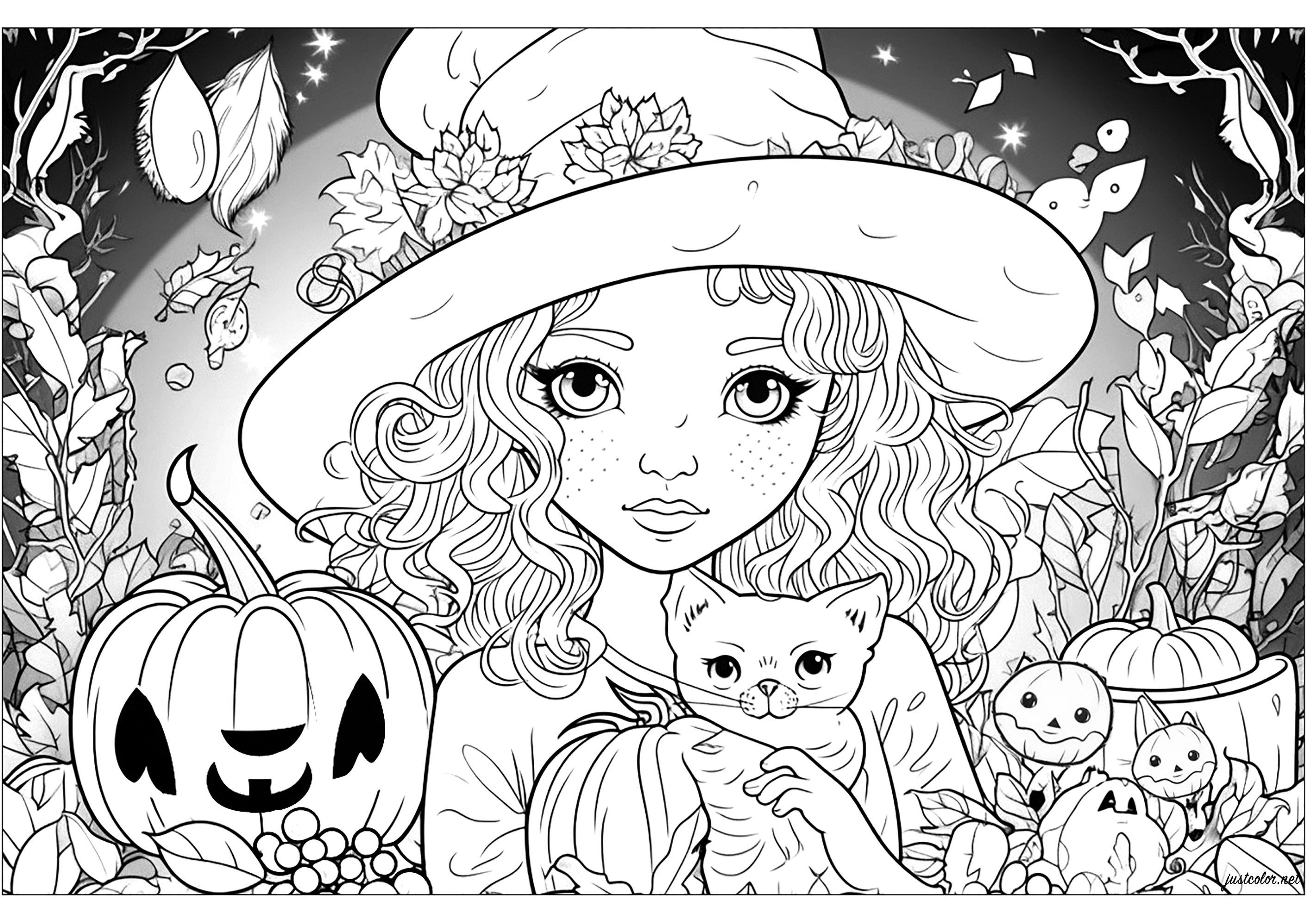 La giovane strega e il suo gatto. Colorate i numerosi dettagli e le strane creature che circondano questa graziosa strega.