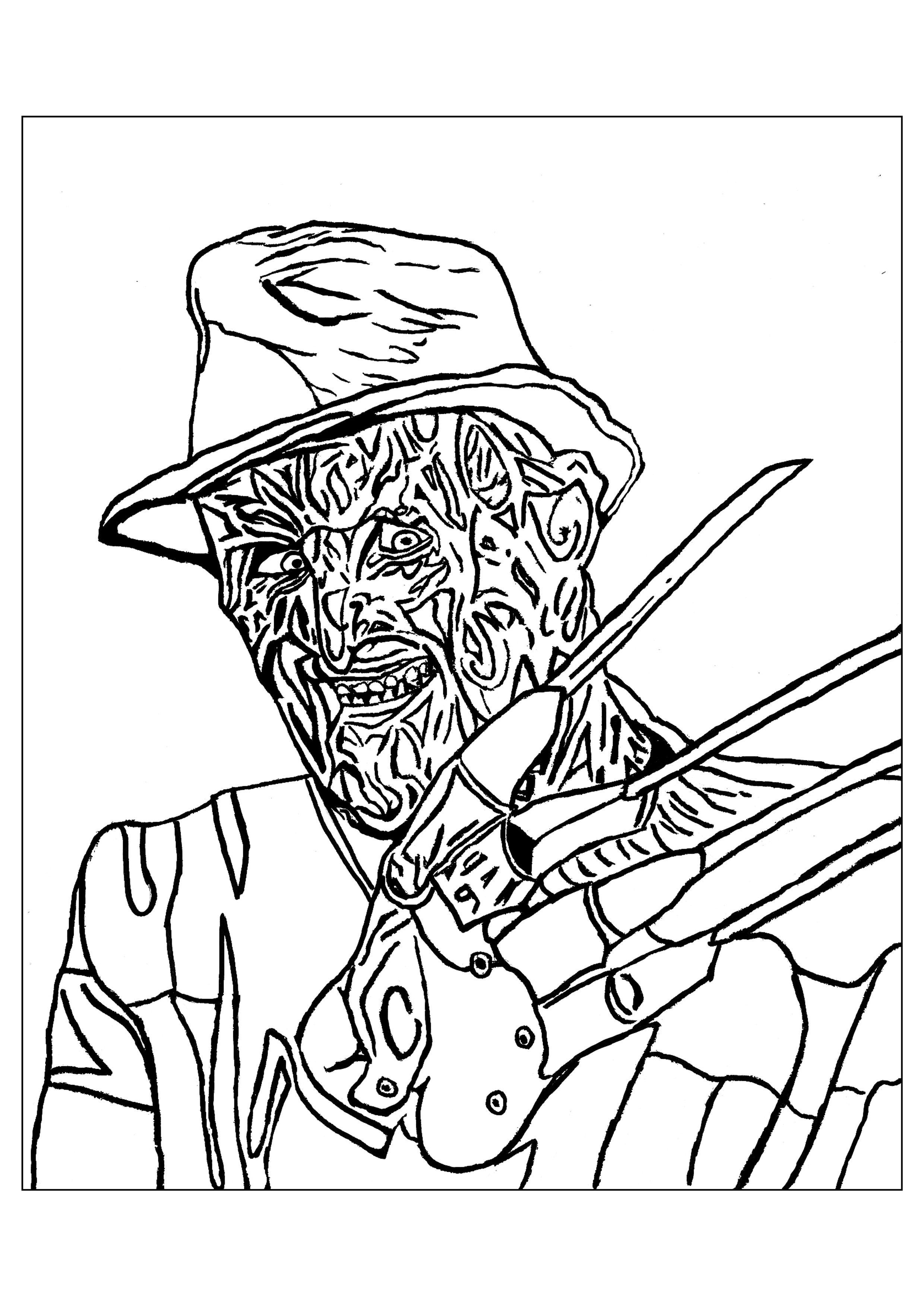 Una spaventosa pagina da colorare di Freddy Krueger, perfetta per Halloween