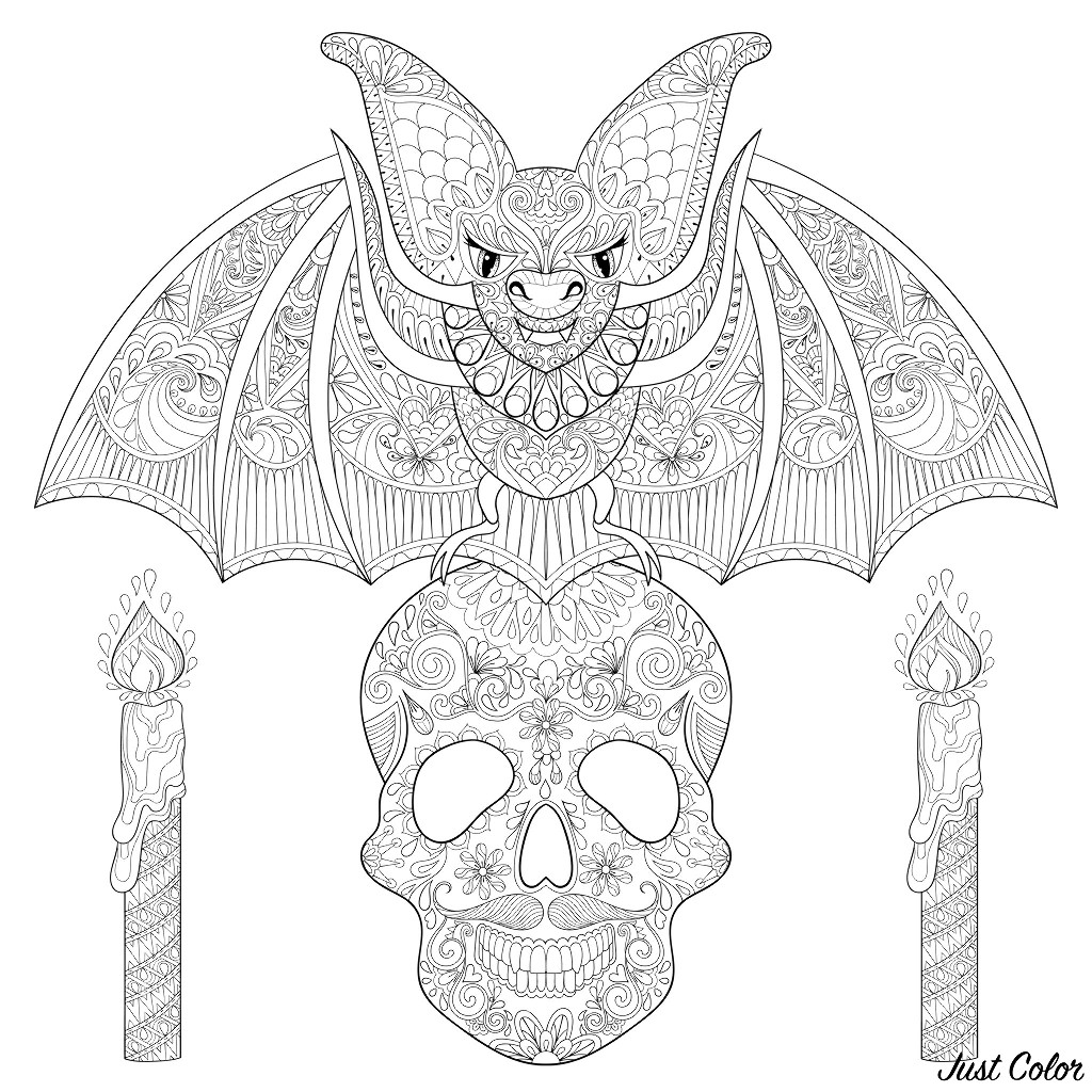 Bellissimo pipistrello su un teschio scheletrico, con candele. Ogni elemento è ricco di motivi malefici.