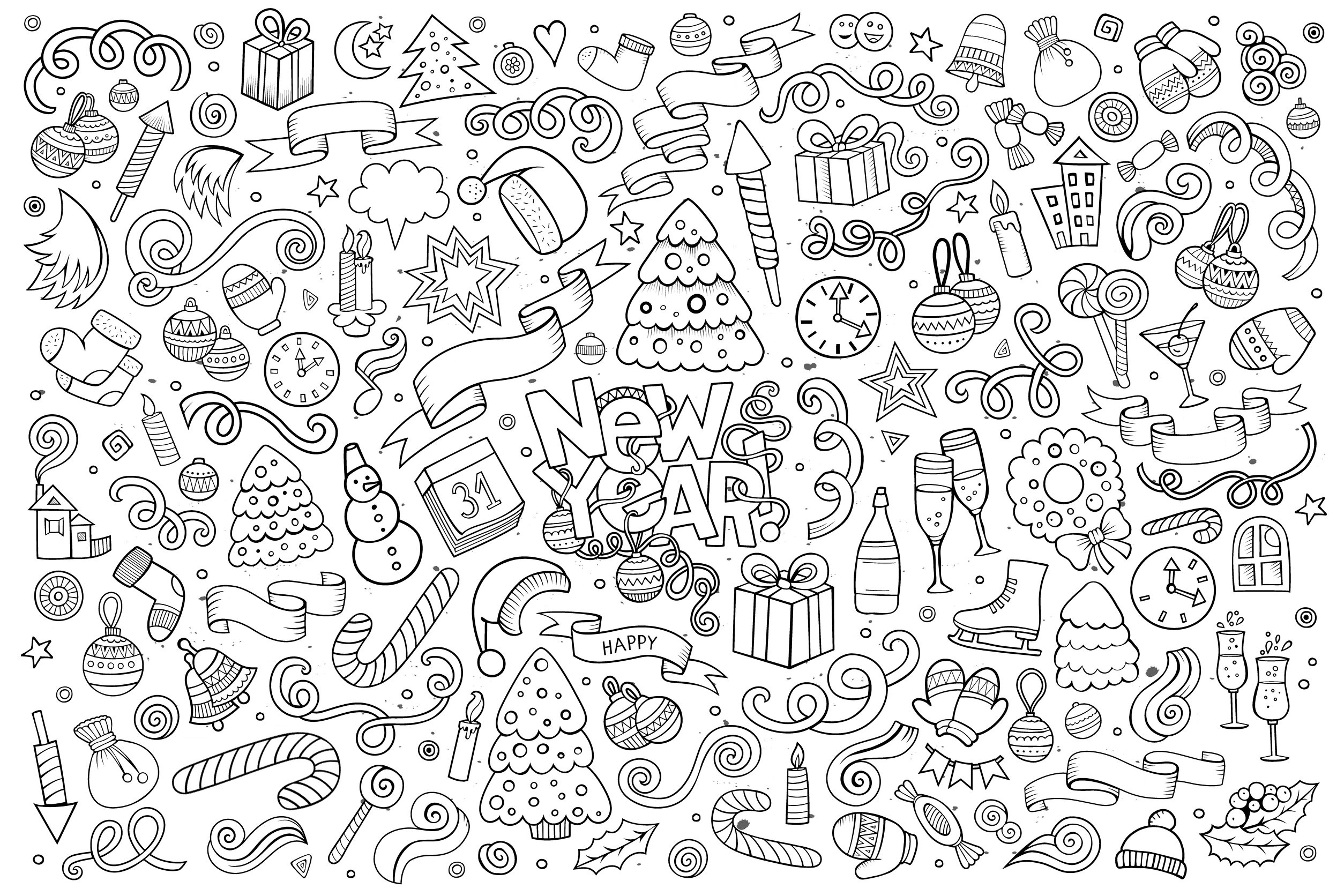 Scarabocchio da colorare 'Happy New Year', con disegni intricati. Numerosi oggetti e motivi legati al tema del Capodanno