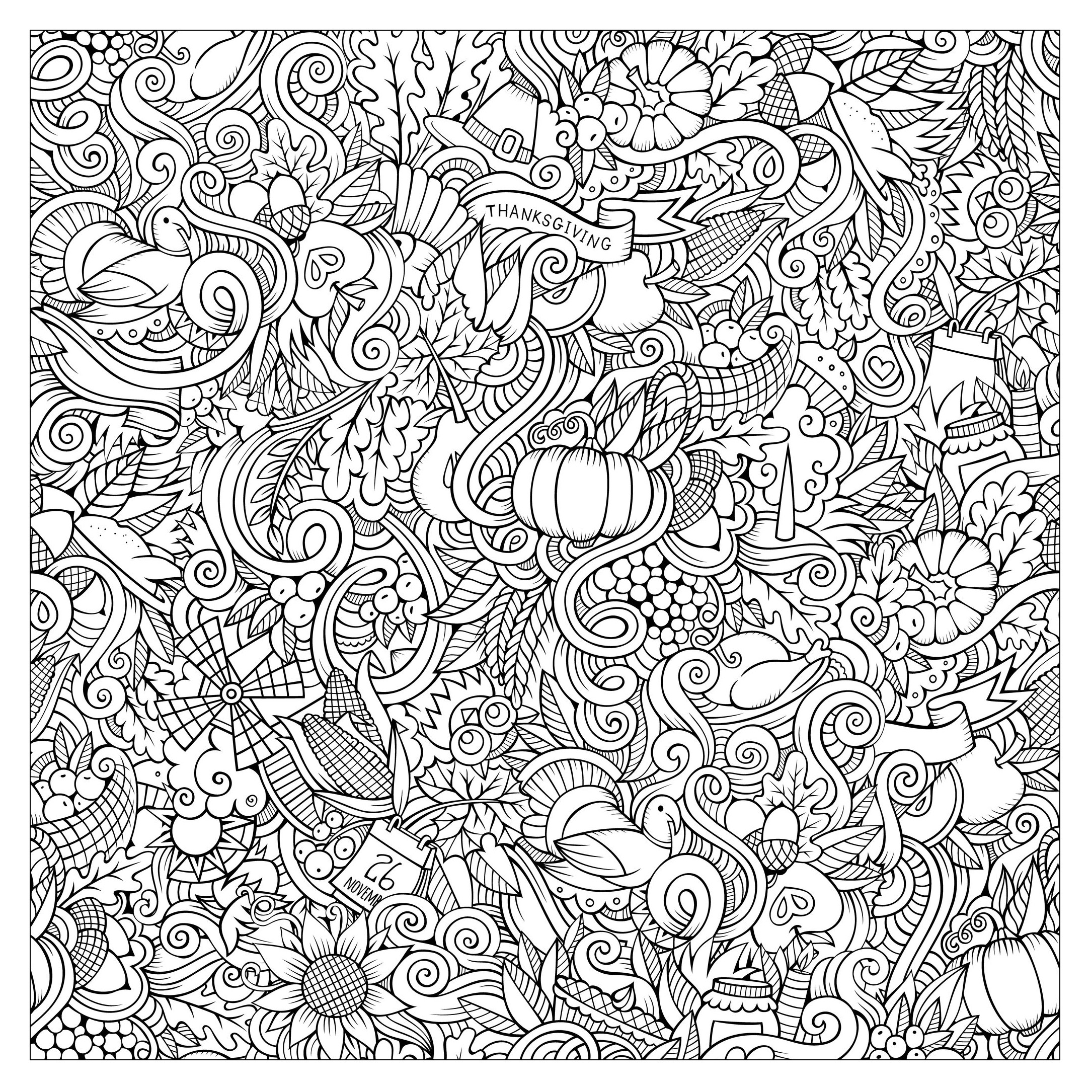 Scarabocchi disegnati a mano da colorare sul tema del ringraziamento e dell'autunno. Simboli, cibo (bacche, mais, zucche...), fiori, tacchini.., Artista : Olga Kostenko   Fonte : 123rf