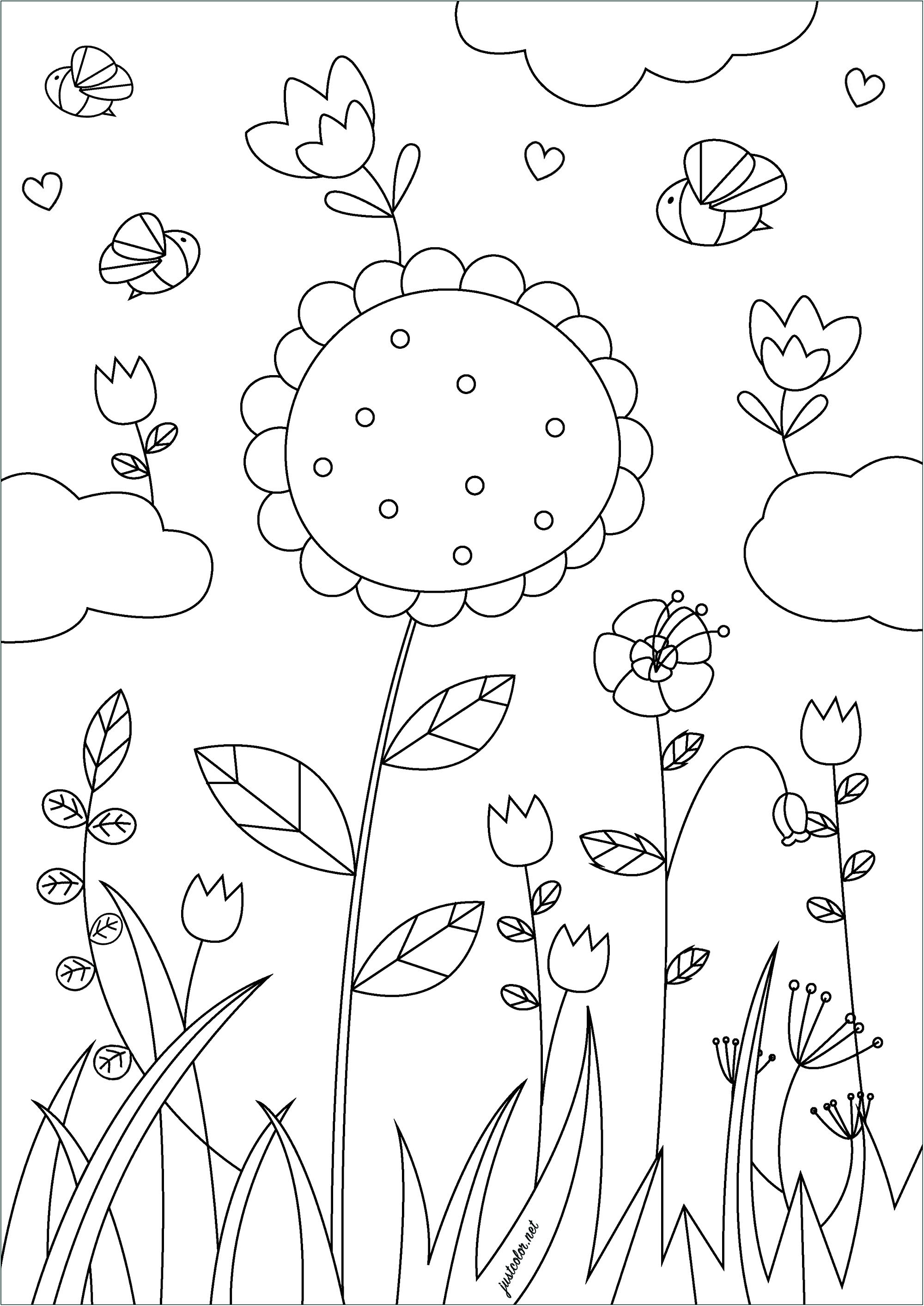 Bei fiori al vento. Questa pagina da colorare intitolata 'Fiori di primavera' presenta diversi fiori che sbocciano in un campo verde, Artista : Gaelle Picard
