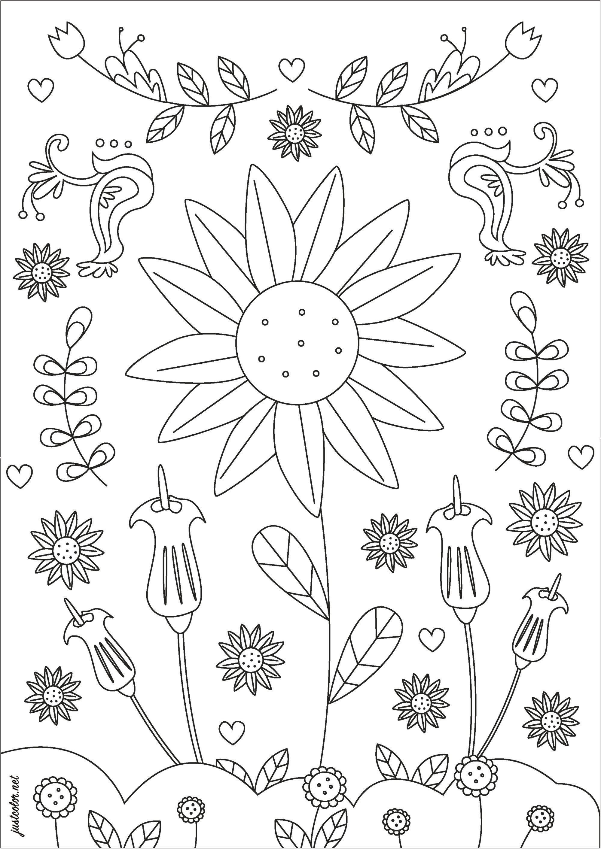 Un grande fiore circondato da numerosi elementi vegetali. Tirate fuori i vostri colori migliori per un momento senza tempo, Artista : Gaelle Picard Un grande fiore circondato da numerosi elementi vegetali. Tirate fuori i vostri colori migliori per un momento senza tempo, Artista : Gaelle Picard