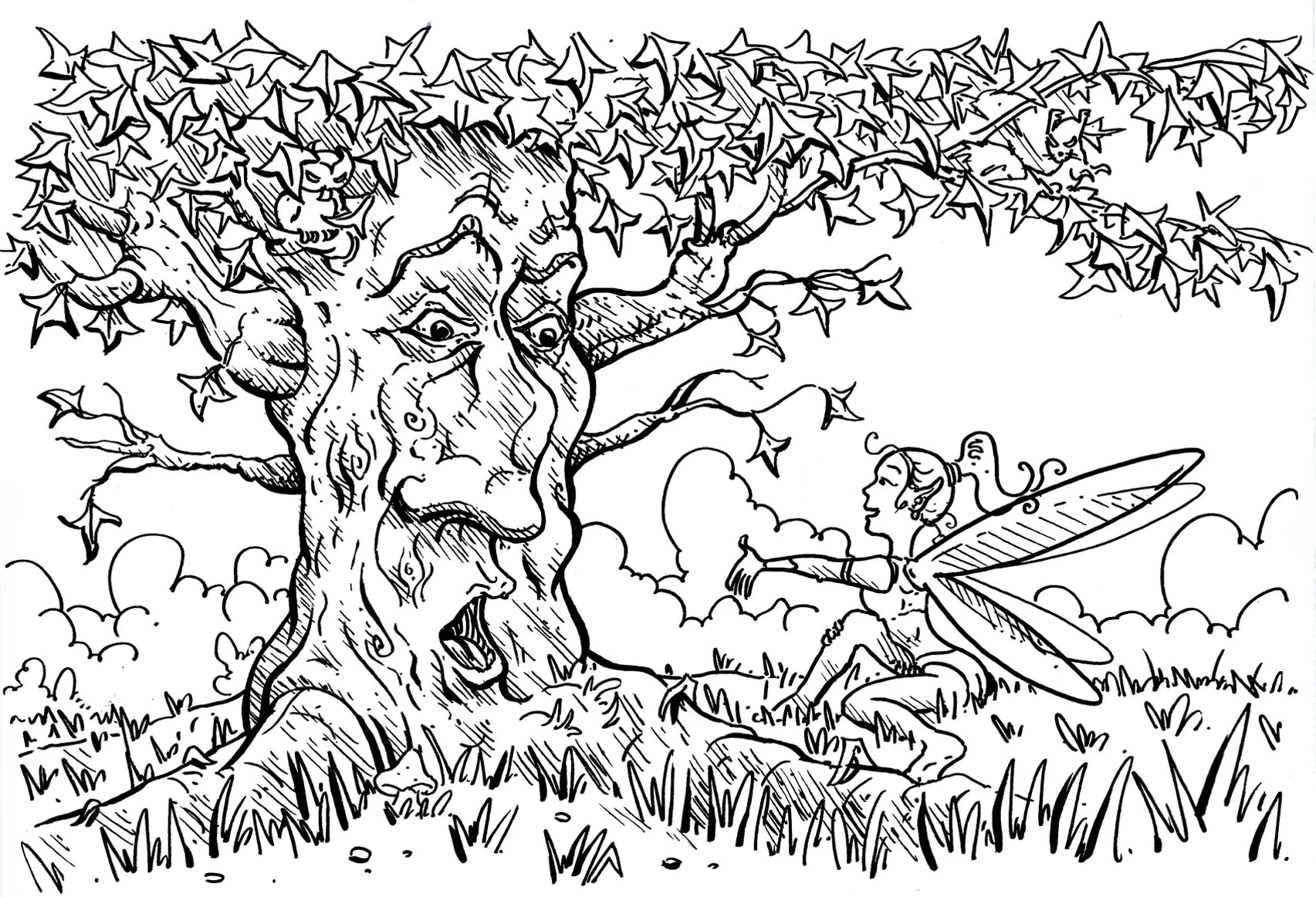 L'albero che parla con la fata (Pagina Fiori e vegetazione da Colorare per adultos)