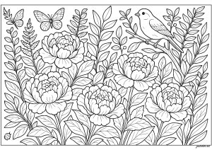 Giardino di Peonie e Farfalle (Pagina Fiori e vegetazione da Colorare)