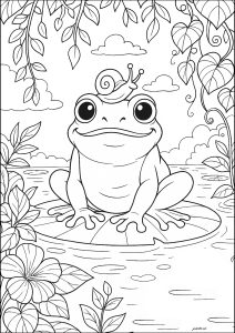 Simpatica pagina da colorare con una rana e la sua amica lumaca (Pagina Rane da Colorare)
