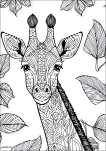 Pagina Giraffe da Colorare per adultos : Bella giraffa con sfondo di foglie