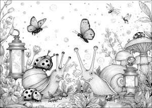 Farfalle svolazzanti su enormi lumache