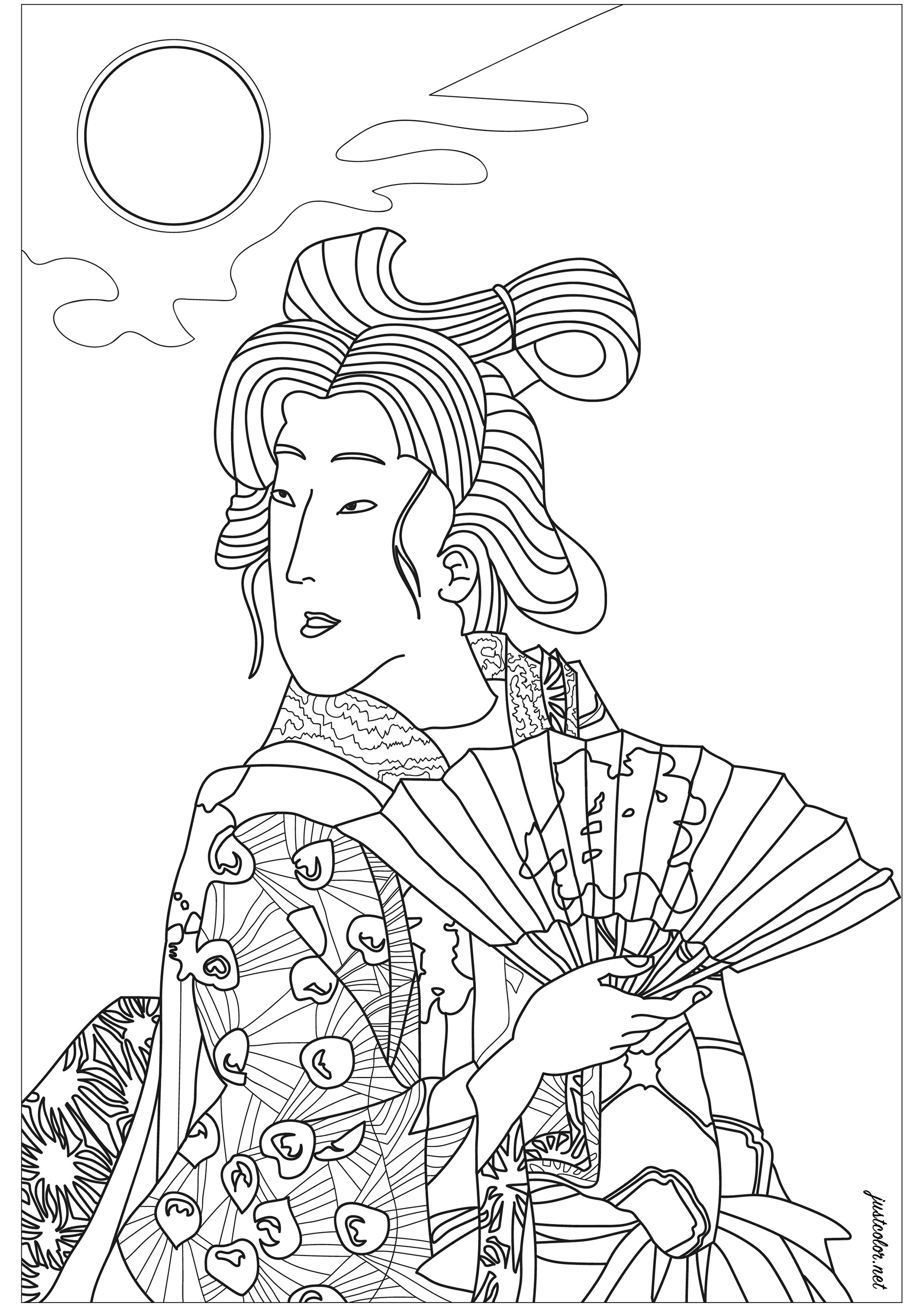 Geisha con ventaglio. Ritratto di geisha da una stampa giapponese del XIX secolo di Yoshitoshi che raffigura una donna in kimono con il ventaglio in mano sotto la luna piena, Artista : Morgan