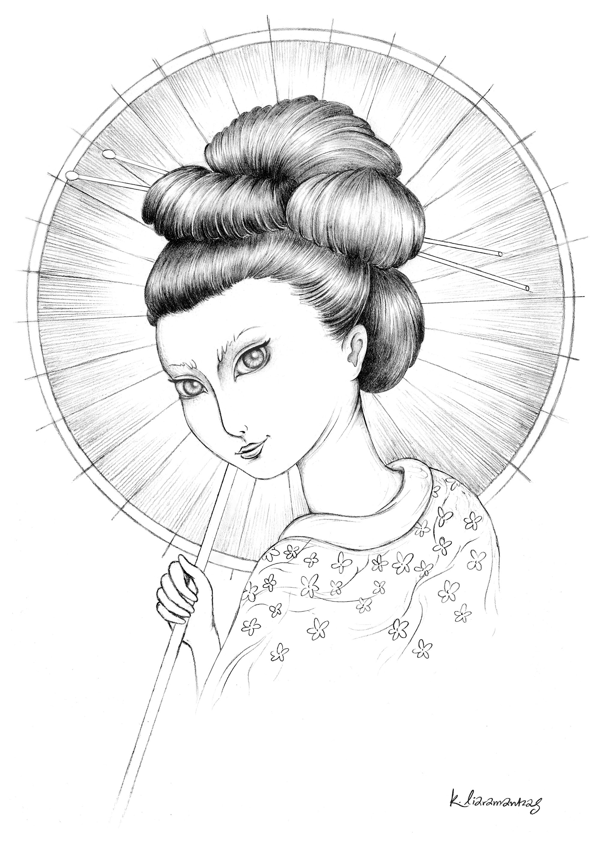 Pagina Giappone da Colorare : Geisha con ombrello Pagina Giappone da Colorare per adultos : Geisha con ombrello
