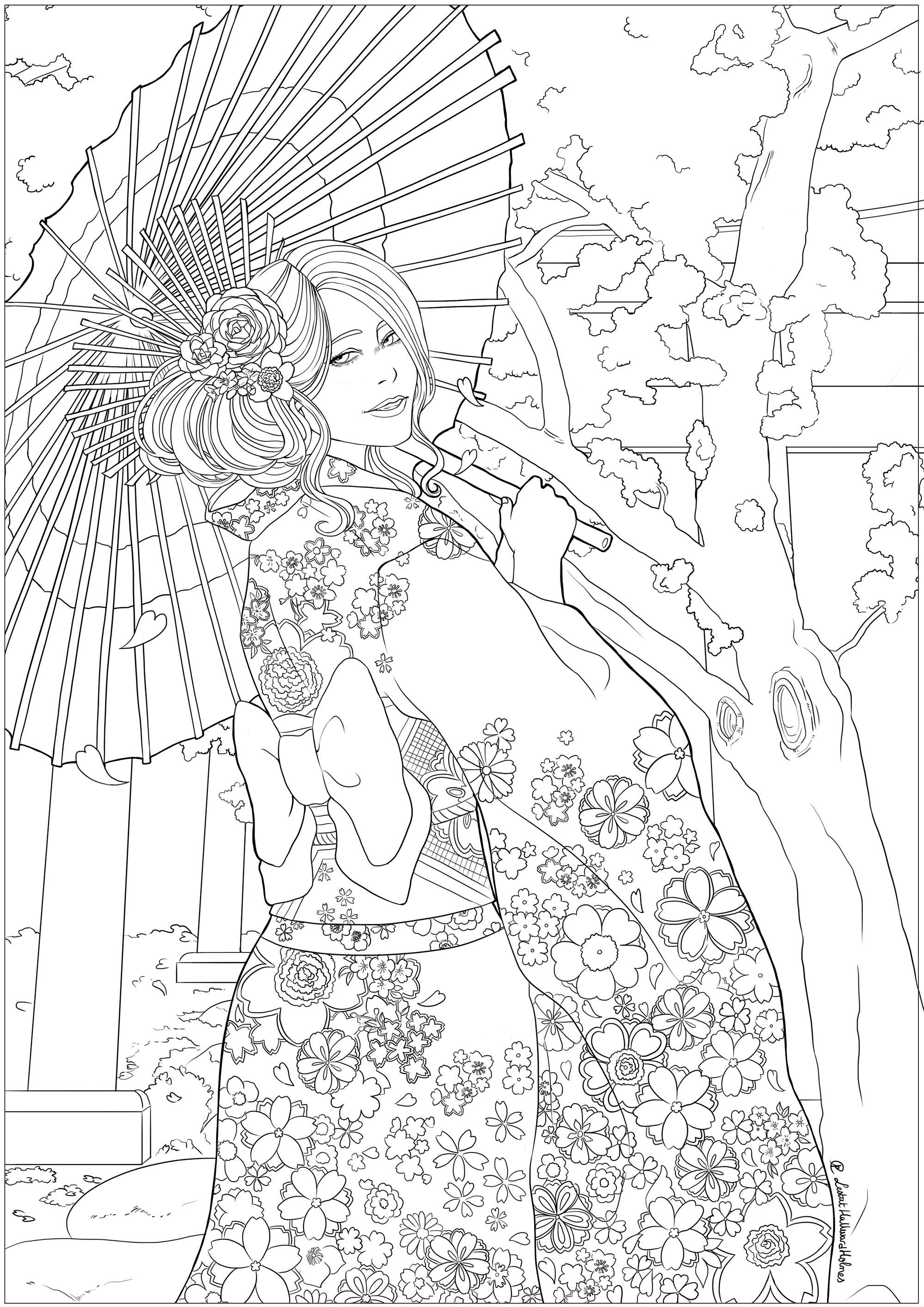 Una giovane donna elegante davanti a un tempio e ai fiori di ciliegio, con indosso il suo miglior yukata. Disegno che celebra l'Hanami, la festa della primavera giapponese, Artista : Lestat Hallward Holmes