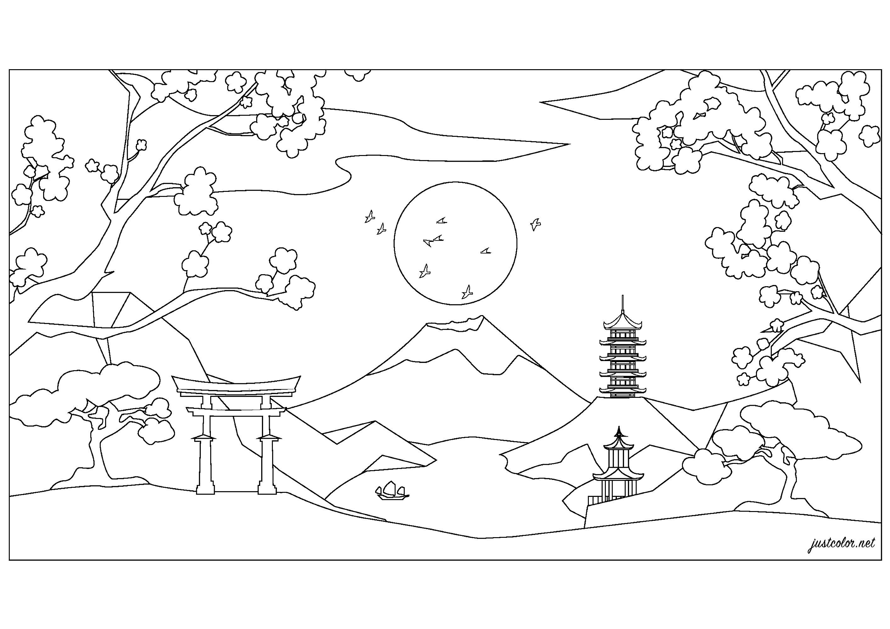 Paesaggio giapponese con il Monte Fuji, un tempio e graziosi alberi di ciliegio