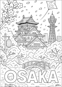 Osaka (Giappone) in Primavera (Pagina da Colorare)