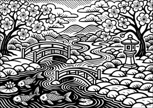 Paesaggio giapponese elegante con carpe e ponti (Pagina Giappone da Colorare)