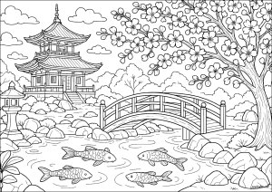 Giardino tranquillo con pesci pacifici (Pagina Giappone da Colorare)