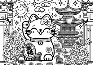 Maneki Neko e tempio giapponese (Pagina Giappone da Colorare)