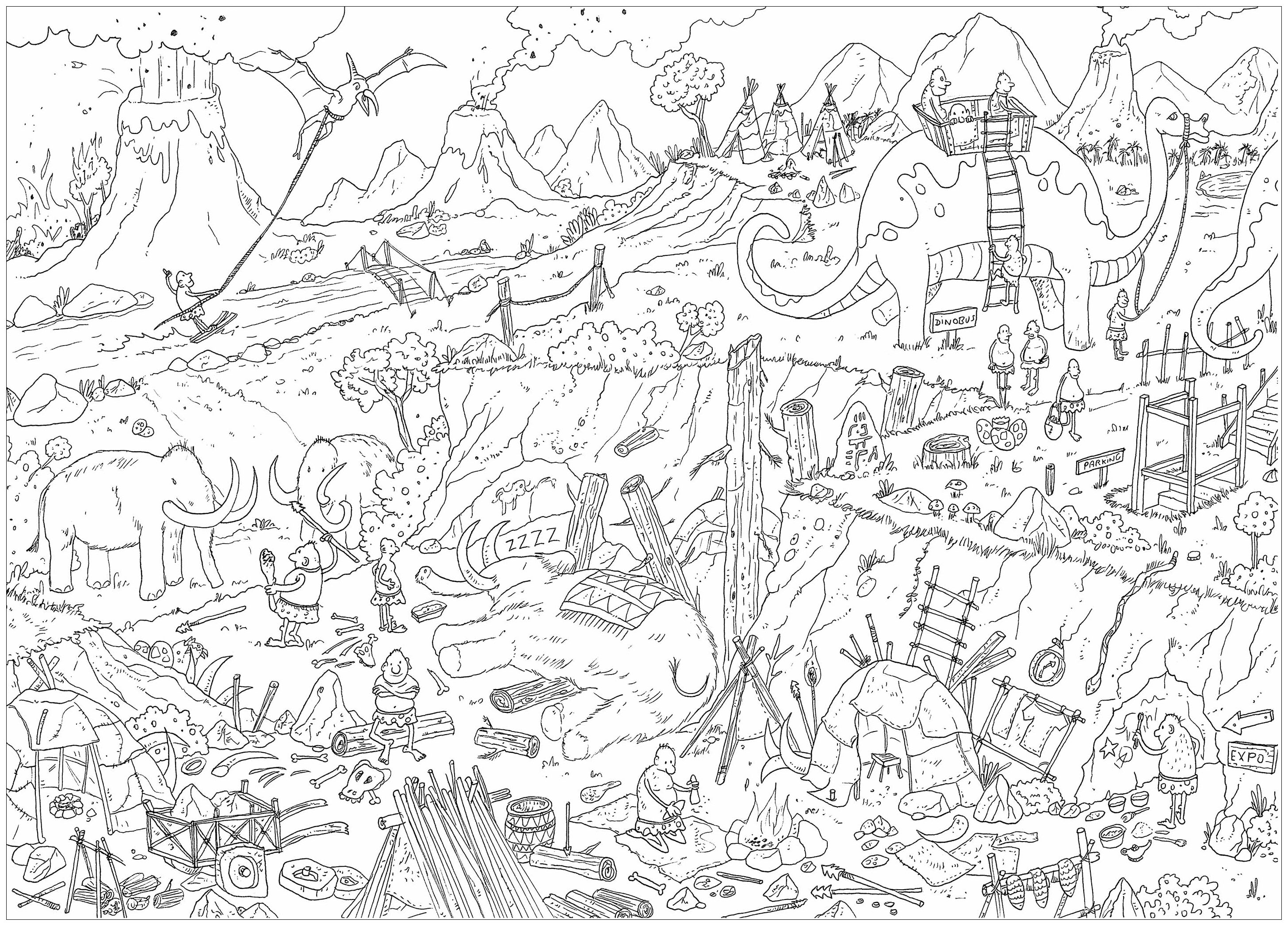 'Preistoria', una pagina da colorare complessa, in stile 'Dov'è Waldo?